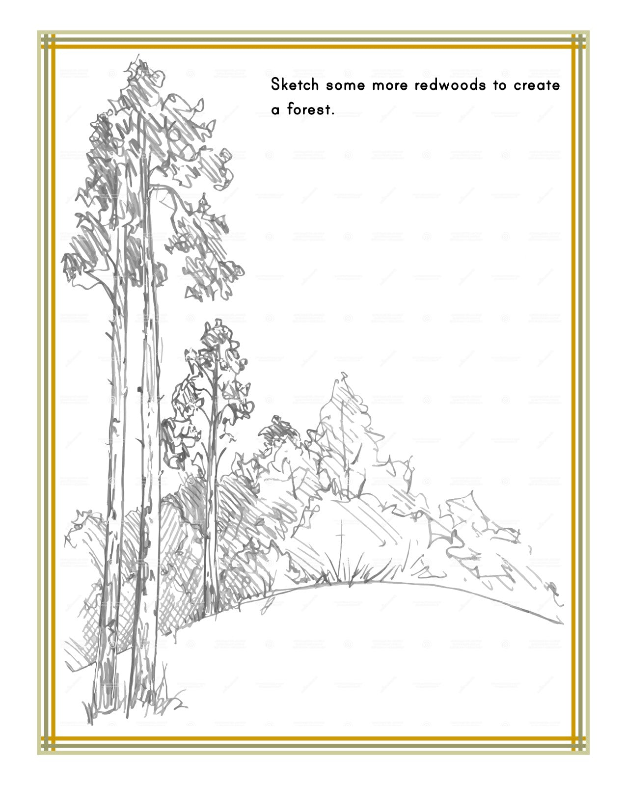 Black and white sketch of a few tall redwood trees on a hillside. Text above instructs to "Sketch some more redwoods to create a forest." Perfect for the California Travel Guide and Activity Kit for Kids by Wondermom Shop, the image is framed with a simple decorative border.