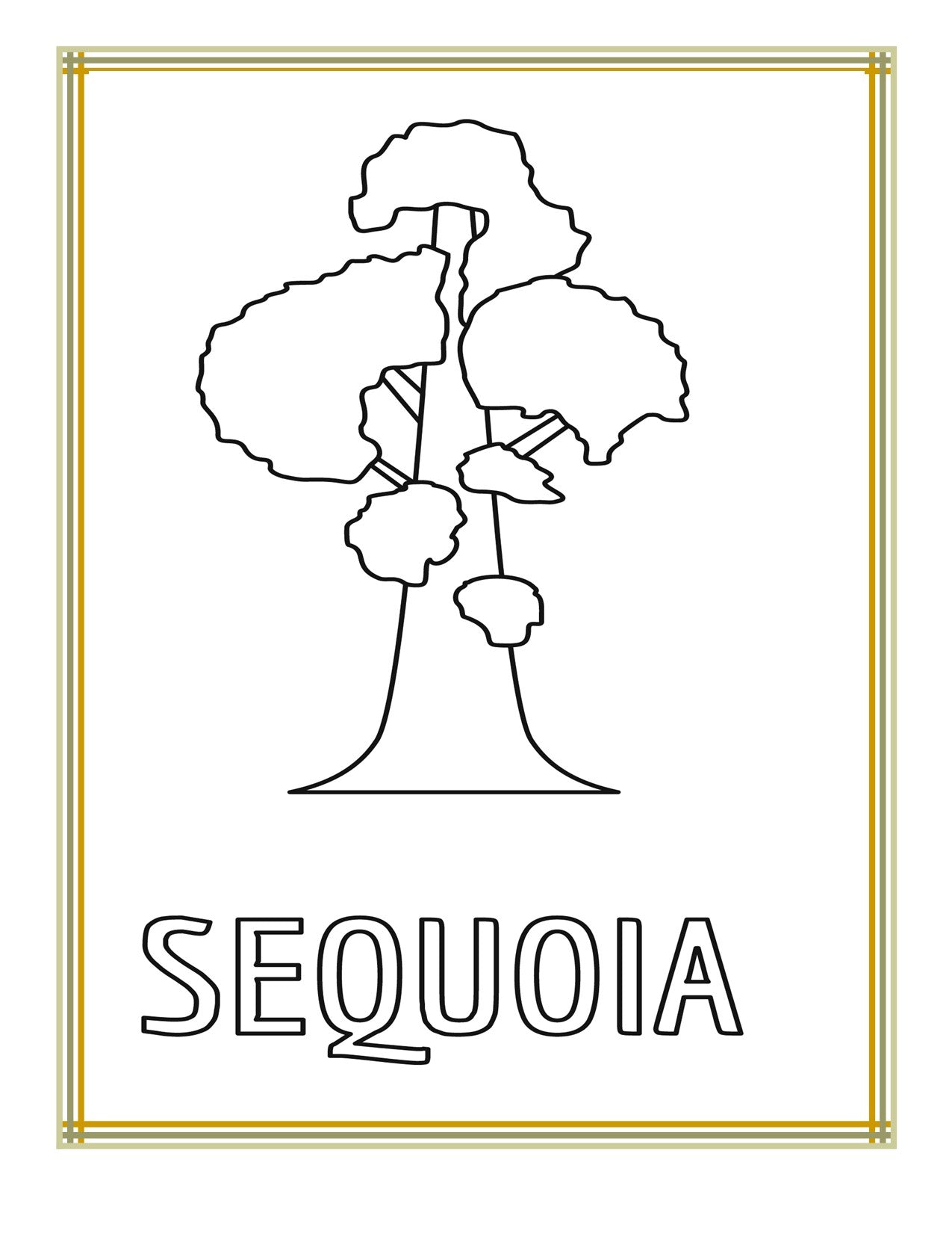 An outlined drawing of a sequoia tree with the word "SEQUOIA" written below in bold letters, framed by a decorative gold border. Perfect for adding to the California Travel Guide and Activity Kit for Kids from Wondermom Shop.