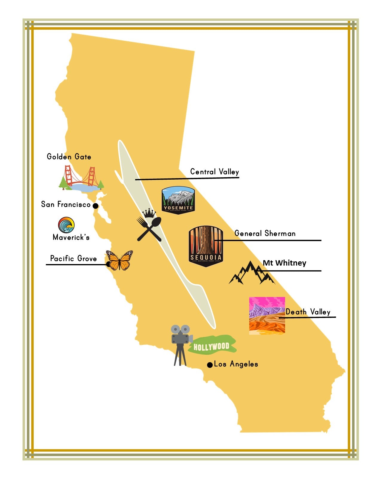 Discover the California Travel Guide and Activity Kit for Kids by Wondermom Shop, featuring a stylized map of California with highlights of famous landmarks like the Golden Gate Bridge, San Francisco, Central Valley, General Sherman, Mt. Whitney, Death Valley, Hollywood, and more. Ideal for an engaging travel guide or as part of a printable activity kit full of fun facts!