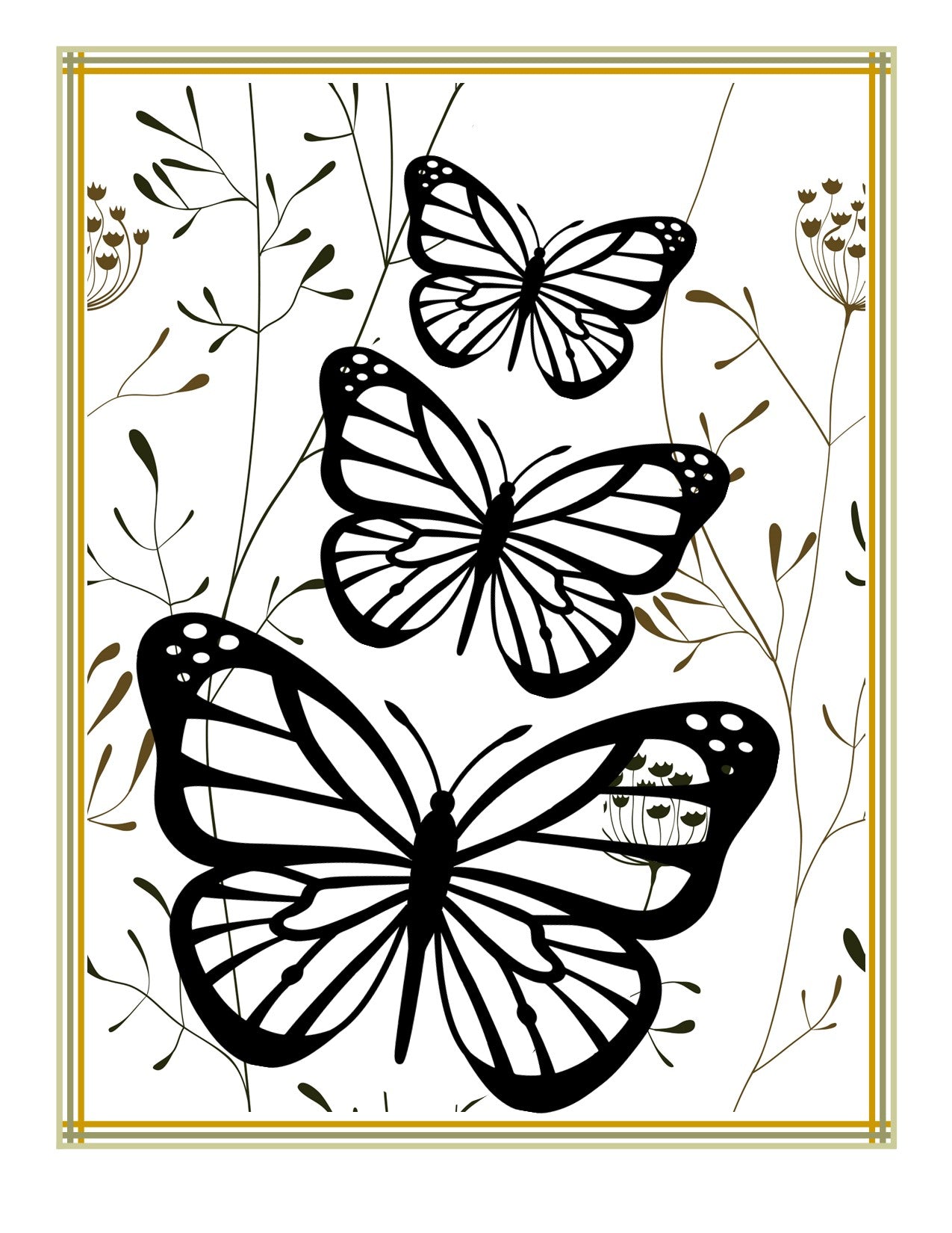 Illustration of three black and white butterflies on a white background with a border and subtle floral patterns, ideal for featuring in the Wondermom Shop's "California Travel Guide and Activity Kit for Kids.