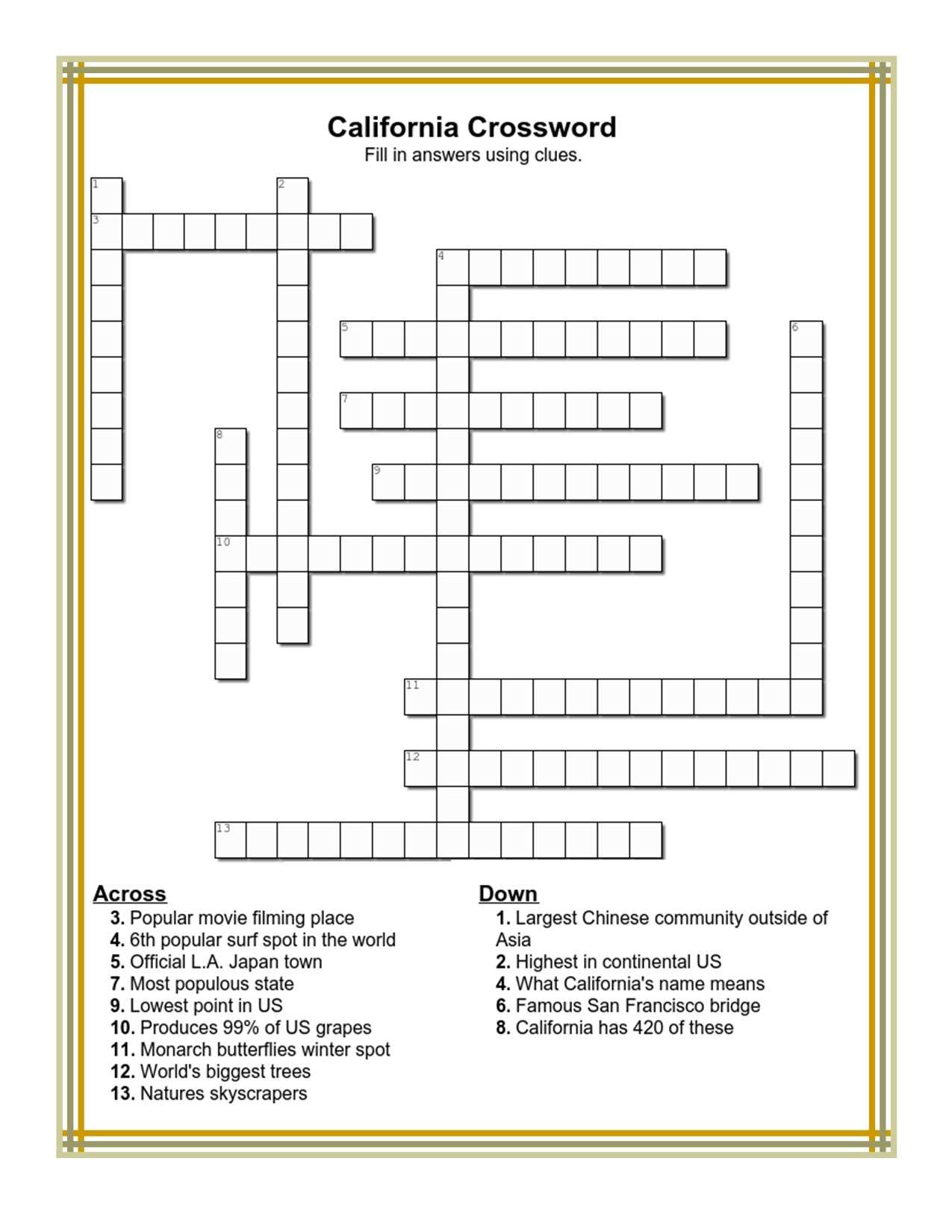 Introducing the "California Travel Guide and Activity Kit for Kids" by Wondermom Shop, featuring an engaging crossword puzzle titled "California Crossword." This printable activity kit includes clues related to California's features, culture, and landmarks. The grid offers both across and down clues to be solved, making it a fun and informative travel guide packed with fascinating facts about California!