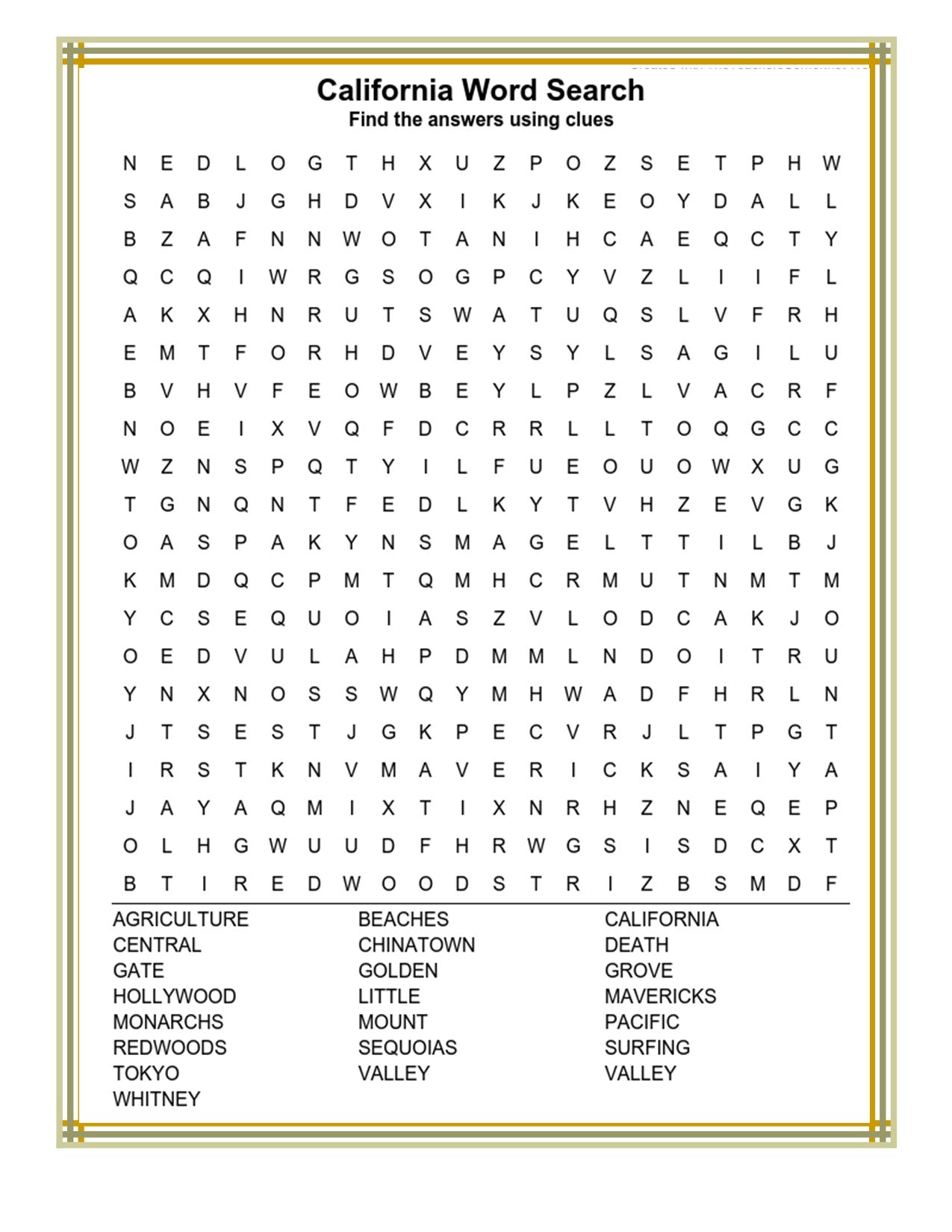 Discover the California Travel Guide and Activity Kit for Kids by Wondermom Shop – a fun-filled printable adventure that combines a California-themed word search puzzle with a grid of random letters and a list of words at the bottom, including agriculture, beaches, Hollywood, redwoods, surfing, and Valley. This kit also serves as an educational travel guide packed with fascinating California fun facts.