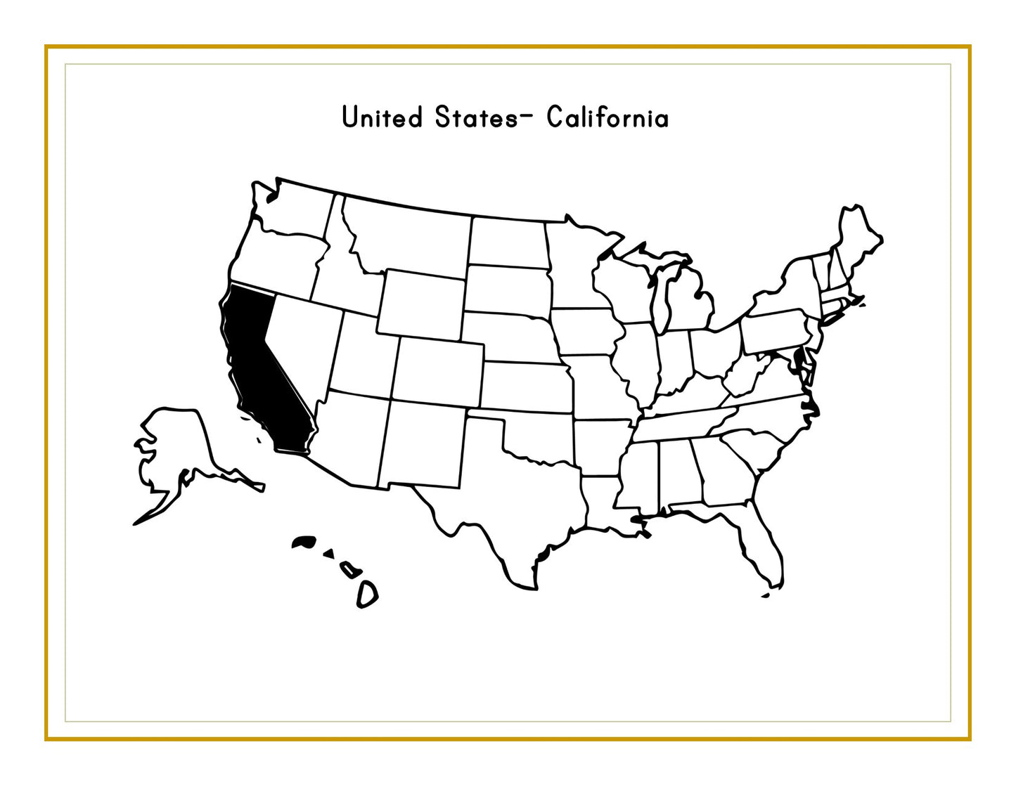 A map of the United States with California highlighted in black, ideal for incorporating into the California Travel Guide and Activity Kit for Kids from Wondermom Shop.