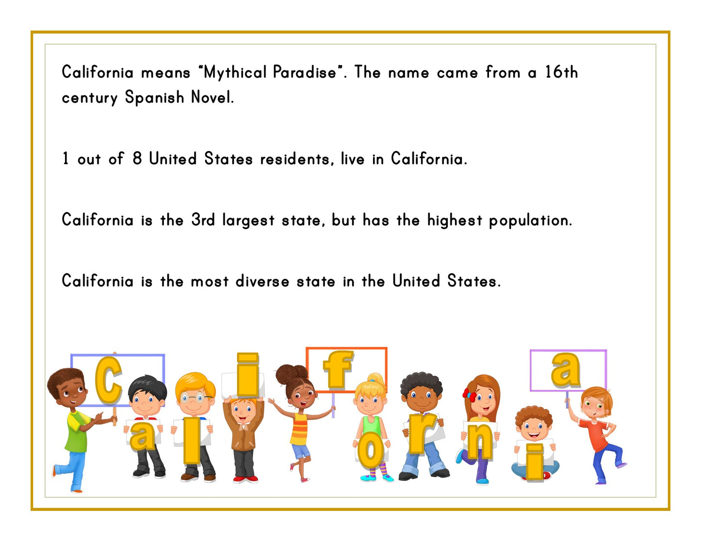 Introducing the Wondermom Shop's "California Travel Guide and Activity Kit for Kids" – an engaging informational poster about California that includes fun facts on its name, population, and diversity. This vibrant poster also features children holding letter blocks spelling "California," making it perfect for a printable activity kit designed to captivate kids as they explore more about the Golden State.