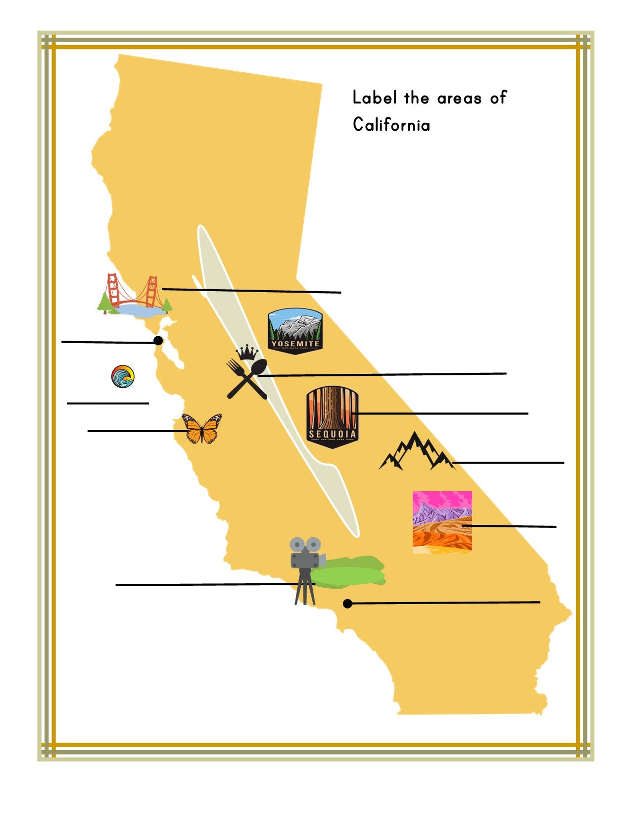 The California Travel Guide and Activity Kit for Kids by Wondermom Shop features a vibrant map adorned with icons representing the Golden Gate Bridge, Yosemite, a surfer, a butterfly, Sequoia trees, a mountain range, and a film camera. This educational map is ideal as part of an activity kit for kids to discover fun facts about California.