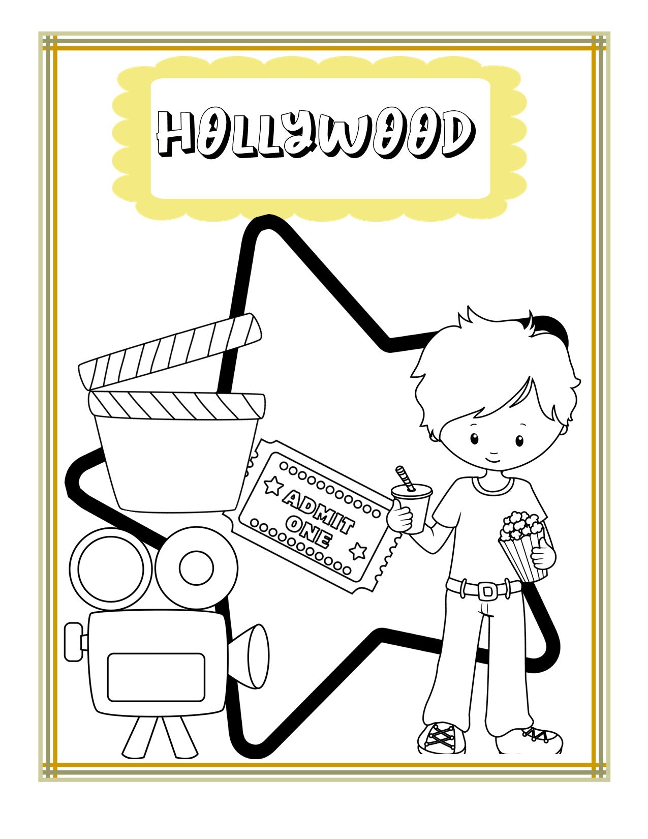 A cartoon boy holding popcorn and a drink stands beside a film camera, clapperboard, and an admission ticket, set against a large star and the word "Hollywood" in an eye-catching font. This vibrant image is perfect for adding excitement to your *California Travel Guide and Activity Kit for Kids* from Wondermom Shop!