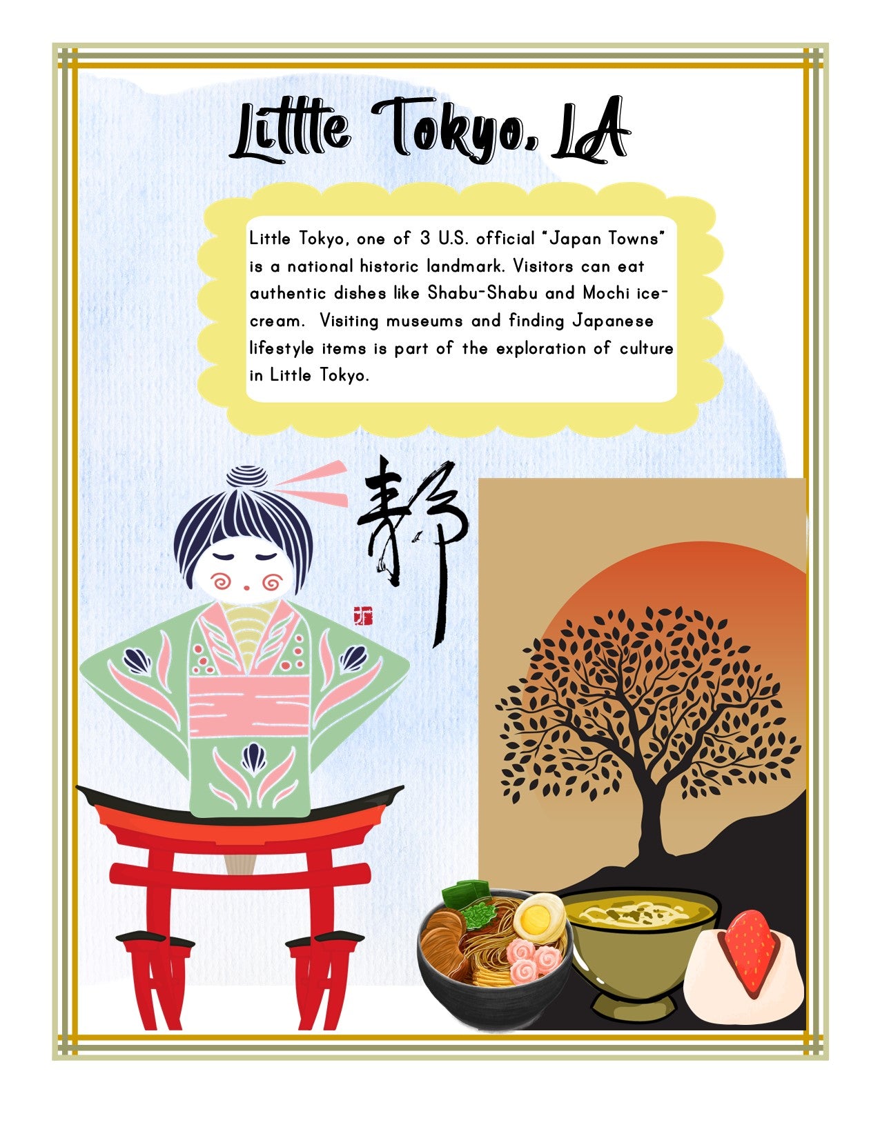 An illustration promoting Little Tokyo, LA from the "California Travel Guide and Activity Kit for Kids" by Wondermom Shop features a person in traditional Japanese attire, a bowl of ramen, matcha tea, a Japanese dessert, and a tree. The text highlights Little Tokyo's cultural offerings along with fun California facts in every corner.