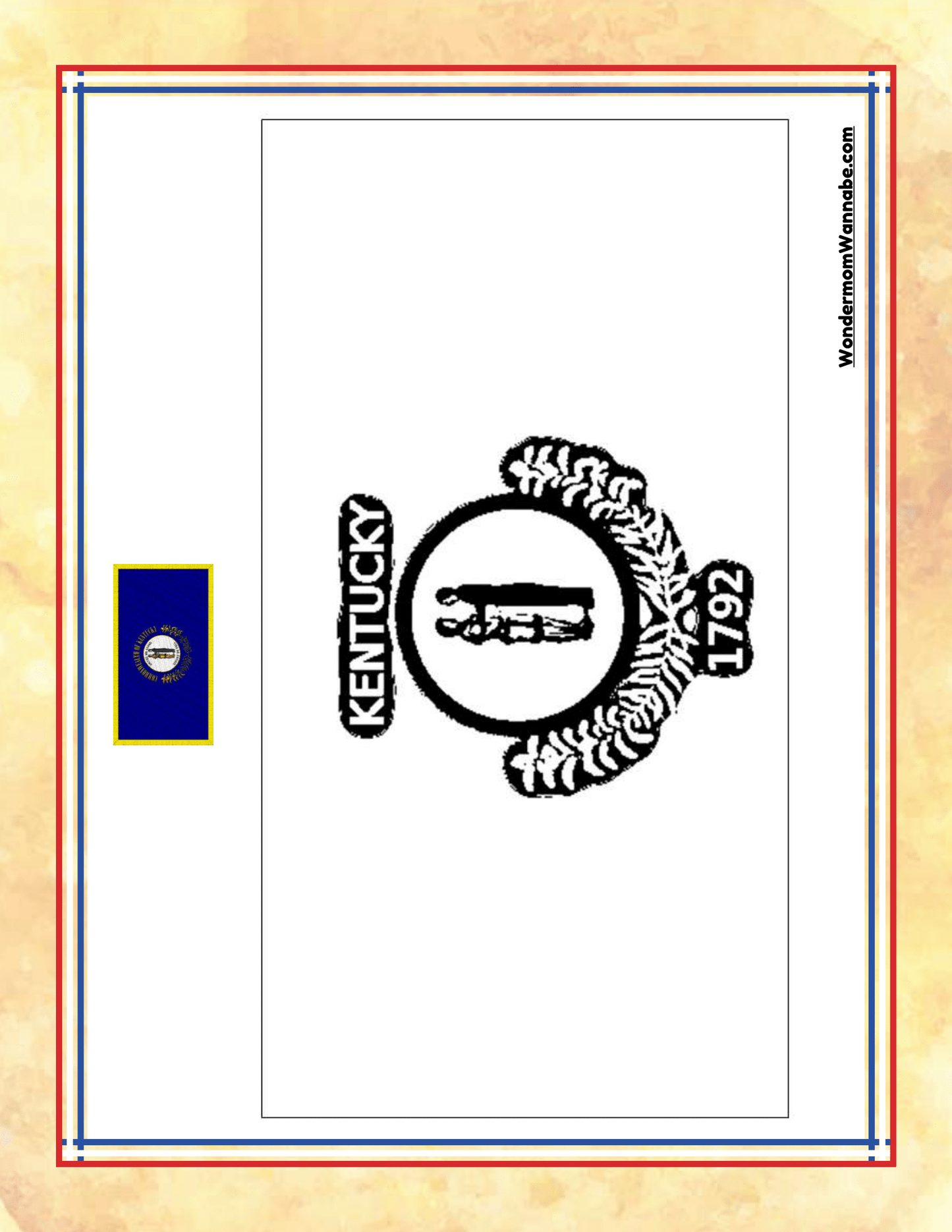 An image of the Kentucky state flag, featuring the state seal with "KENTUCKY" and "1792" encircled by a wreath on a white background. This emblem is ideal for the Wondermom Shop's Kentucky Travel Guide and Activity Kit for Kids, perfectly suited for highlighting various family attractions and state activities in Kentucky.