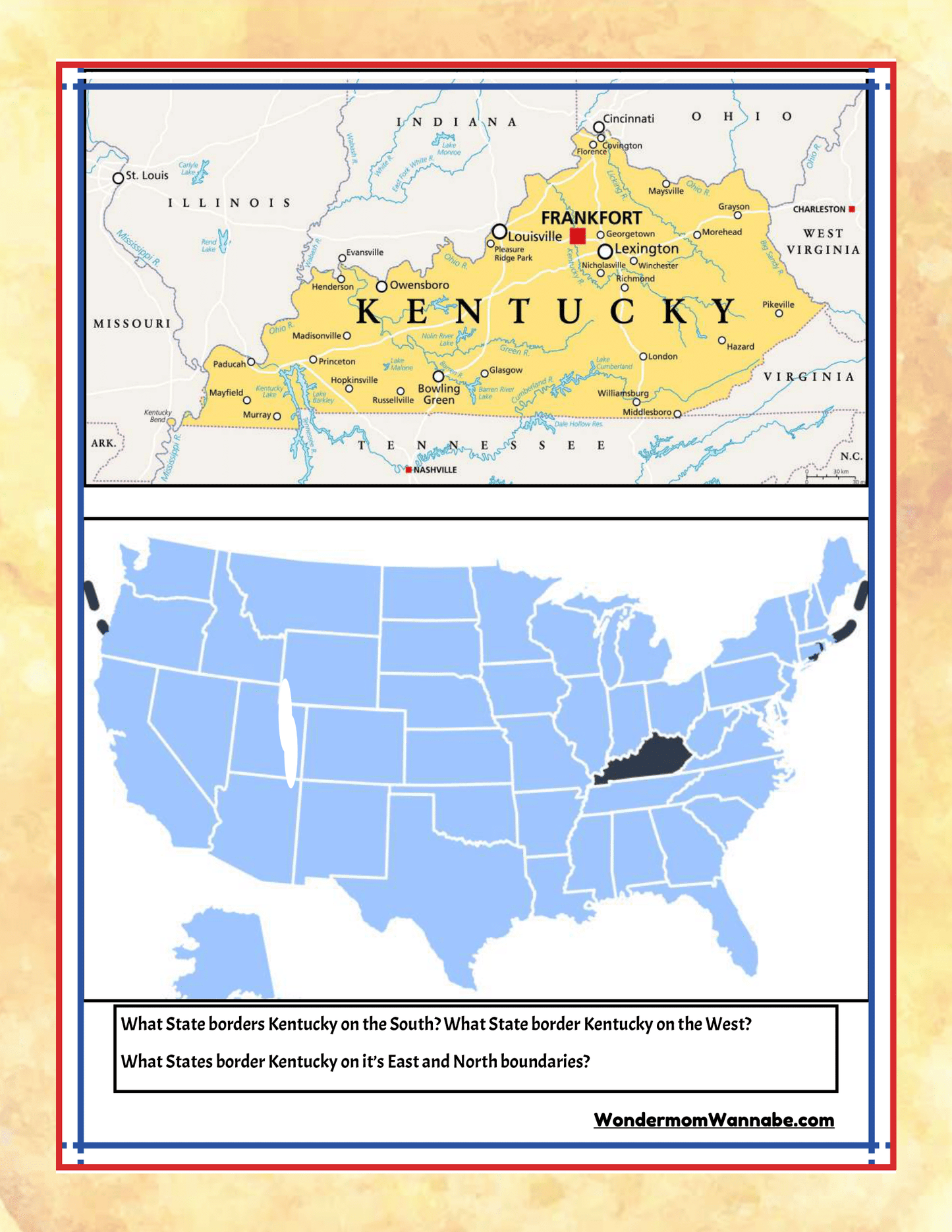 Map of Kentucky highlighting its borders. Kentucky is outlined, with neighboring states labeled. A question at the bottom asks about the states bordering Kentucky to the South, West, East, and North. This makes a great tool for planning your next adventure with Wondermom Shop's comprehensive "Kentucky Travel Guide and Activity Kit for Kids.