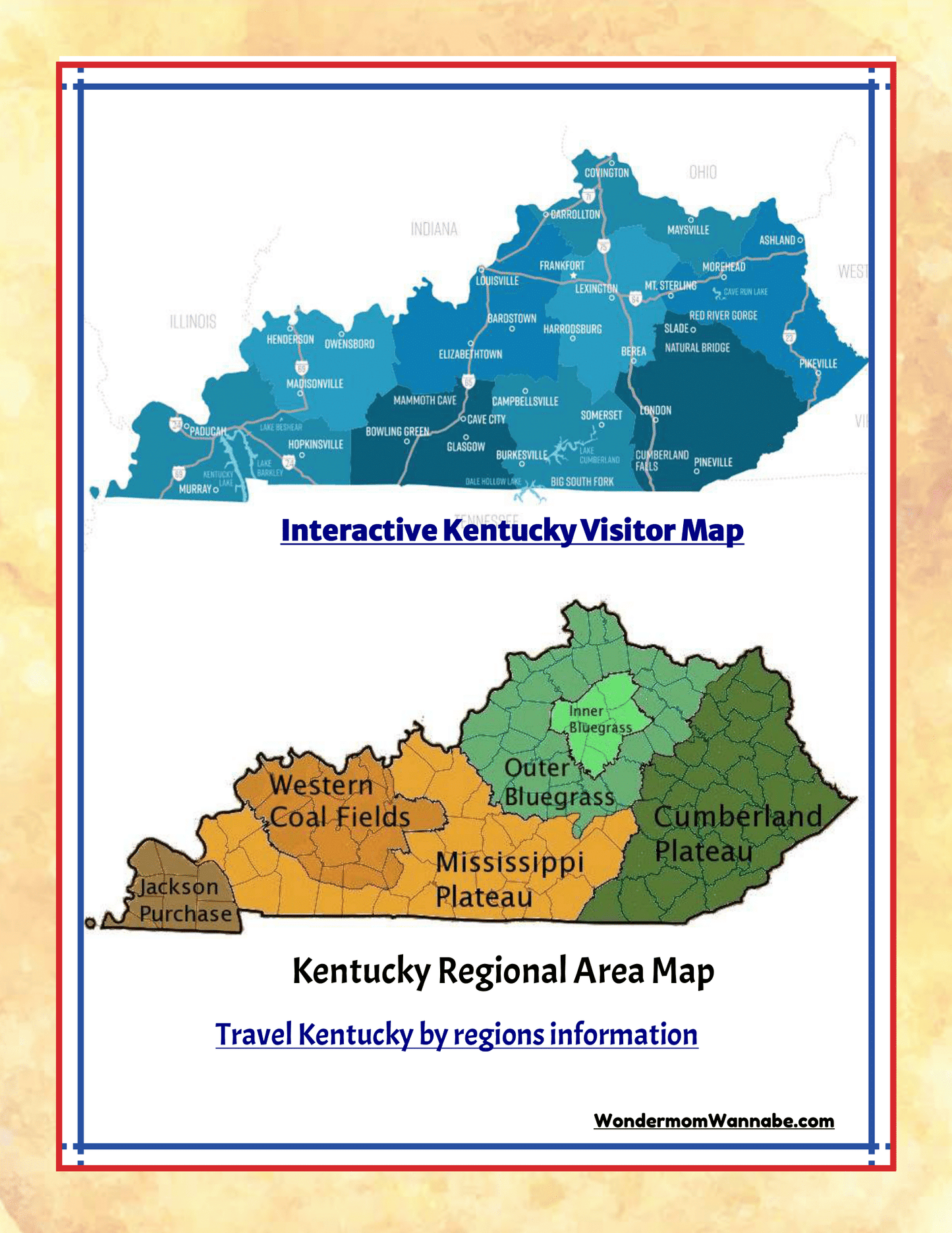 The Kentucky Travel Guide and Activity Kit for Kids from Wondermom Shop features an interactive map of Kentucky divided into various regions like Outer Bluegrass, Western Coal Fields, and Cumberland Plateau, with highlighted text such as "Interactive Kentucky Visitor Map," "Kentucky Regional Area Map," and "Kentucky Family Attractions.
