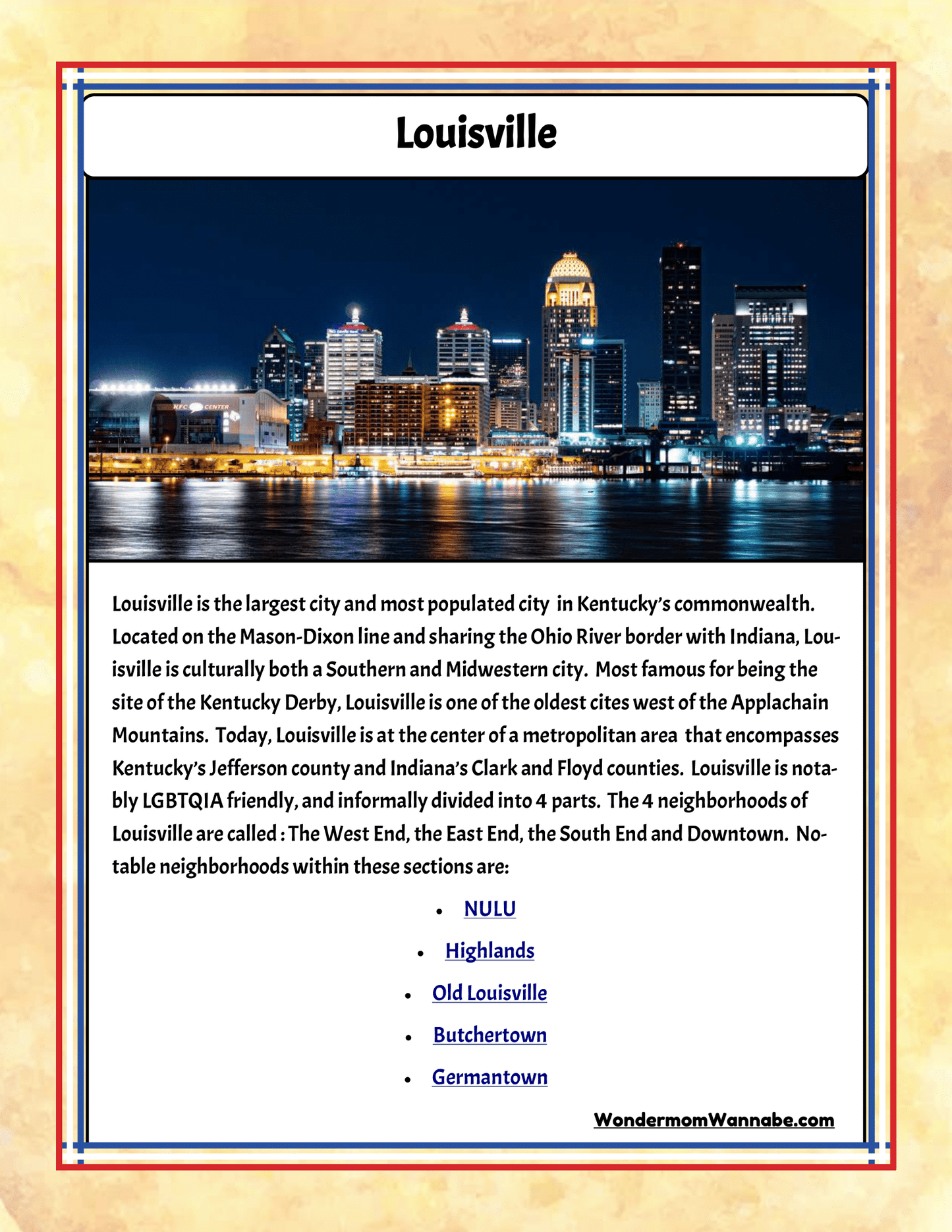 A city skyline at night with text overlay providing information about Louisville, its geography, cultural significance, and the main neighborhoods: NULU, Highlands, Old Louisville, Butchertown, and Germantown. Discover more in the Kentucky Travel Guide and Activity Kit for Kids by Wondermom Shop for insights on top Kentucky state activities and family attractions.
