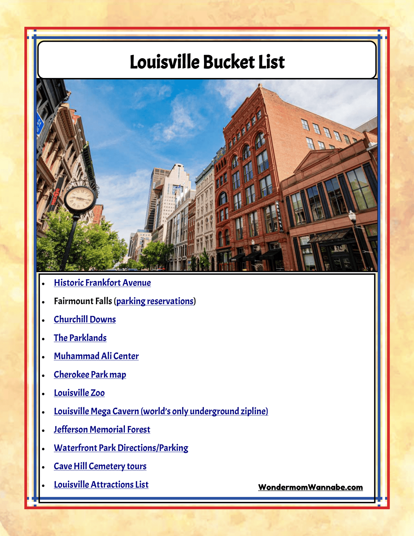 The Wondermom Shop's "Kentucky Travel Guide and Activity Kit for Kids" includes a Louisville Bucket List with items such as Historic Frankfort Avenue, Churchill Downs, The Parklands, and more. It features a cityscape image of buildings and a clock, highlighting must-see Kentucky state activities and family attractions.