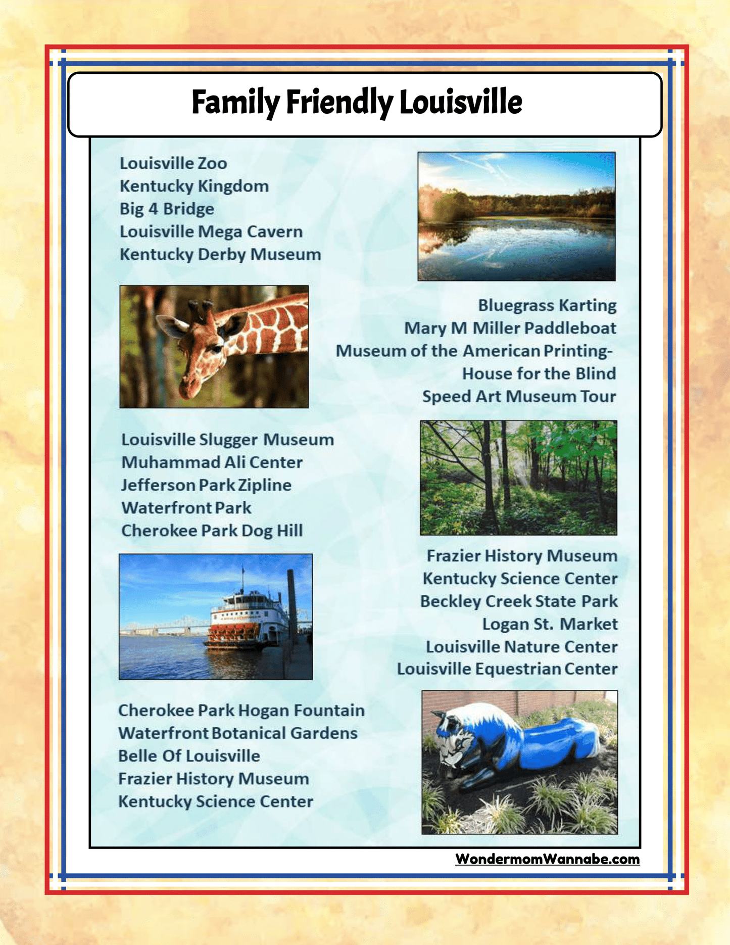 The "Kentucky Travel Guide and Activity Kit for Kids" by Wondermom Shop features a poster titled "Family Friendly Louisville," which lists must-visit attractions such as the Louisville Zoo, Kentucky Kingdom, Louisville Science Center, Muhammad Ali Museum, Cherokee Park Dog Hill, and more. It's perfect for highlighting essential spots in a Kentucky travel guide.
