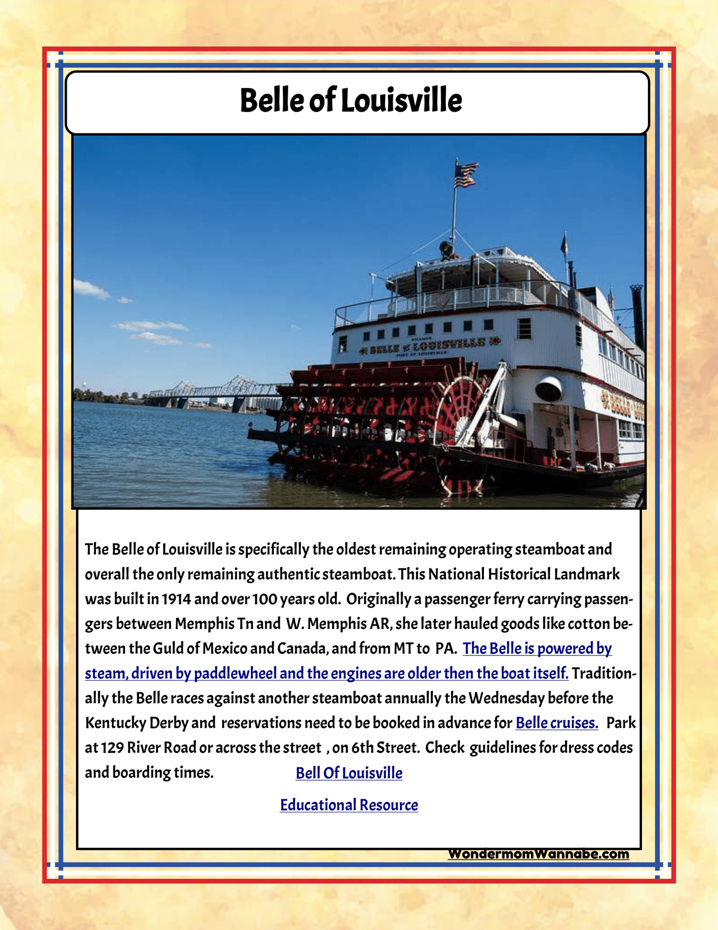 An informational page about the Belle of Louisville, the oldest running steamboat. The image shows the steamboat docked with text detailing its history and specifications, making it a highlight in the "Kentucky Travel Guide and Activity Kit for Kids" by Wondermom Shop and a must-see for Kentucky family attractions.
