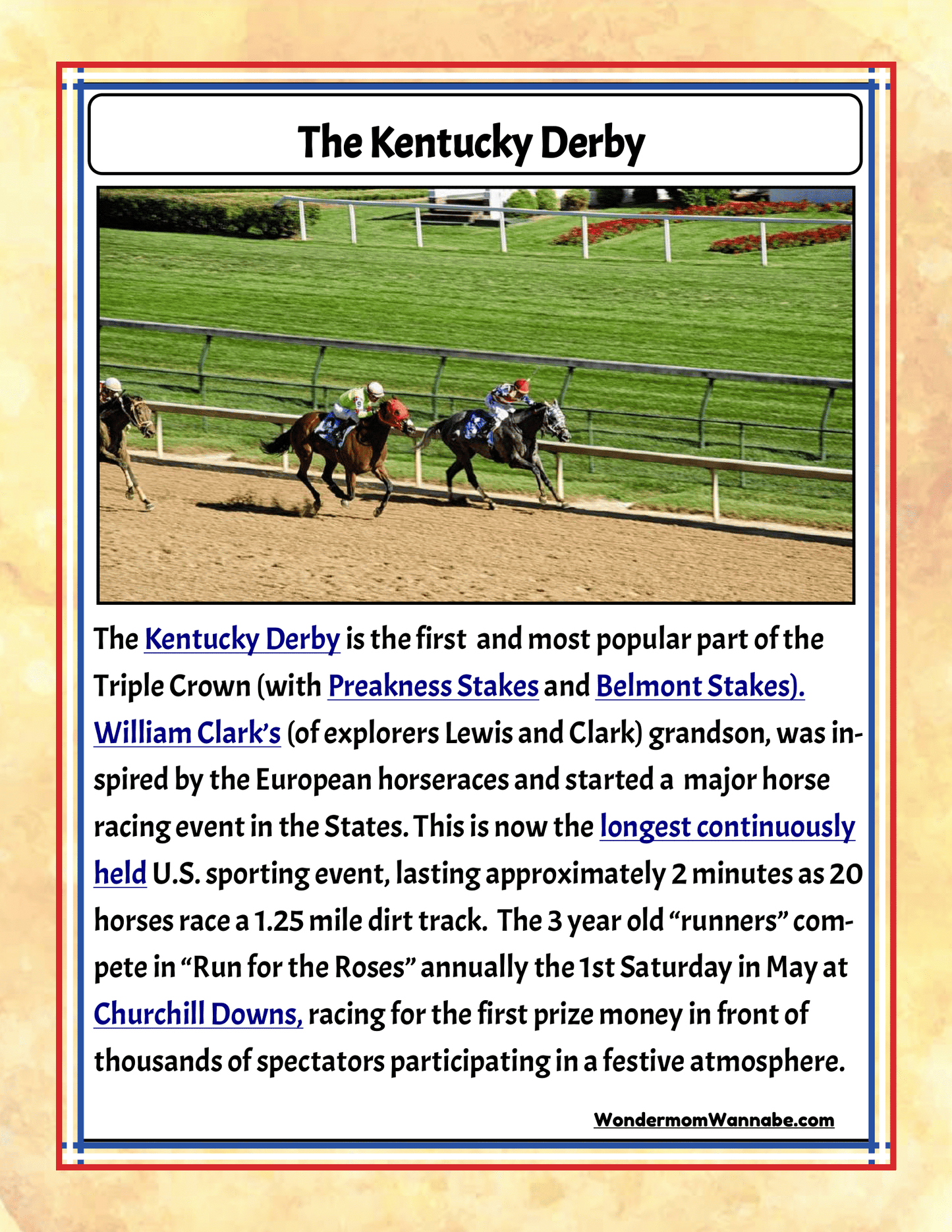 Informational poster about the Kentucky Derby, detailing its history, significance, duration, and associated events like the Preakness Stakes and Belmont Stakes. Includes an image of horses racing. Perfect addition to the Wondermom Shop’s "Kentucky Travel Guide and Activity Kit for Kids," ideal for exploring state activities and family attractions.