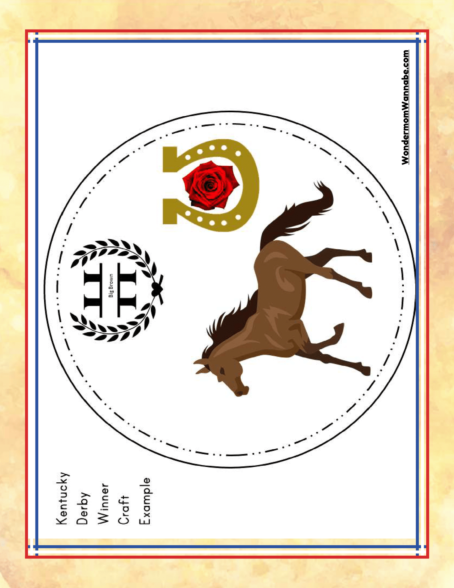 A stylized illustration of a horse, a golden horseshoe, and a red rose on a circular background. Text reads "Kentucky Derby Winner Craft Example," perfect for adding charm to your Wondermom Shop's Kentucky Travel Guide and Activity Kit for Kids.