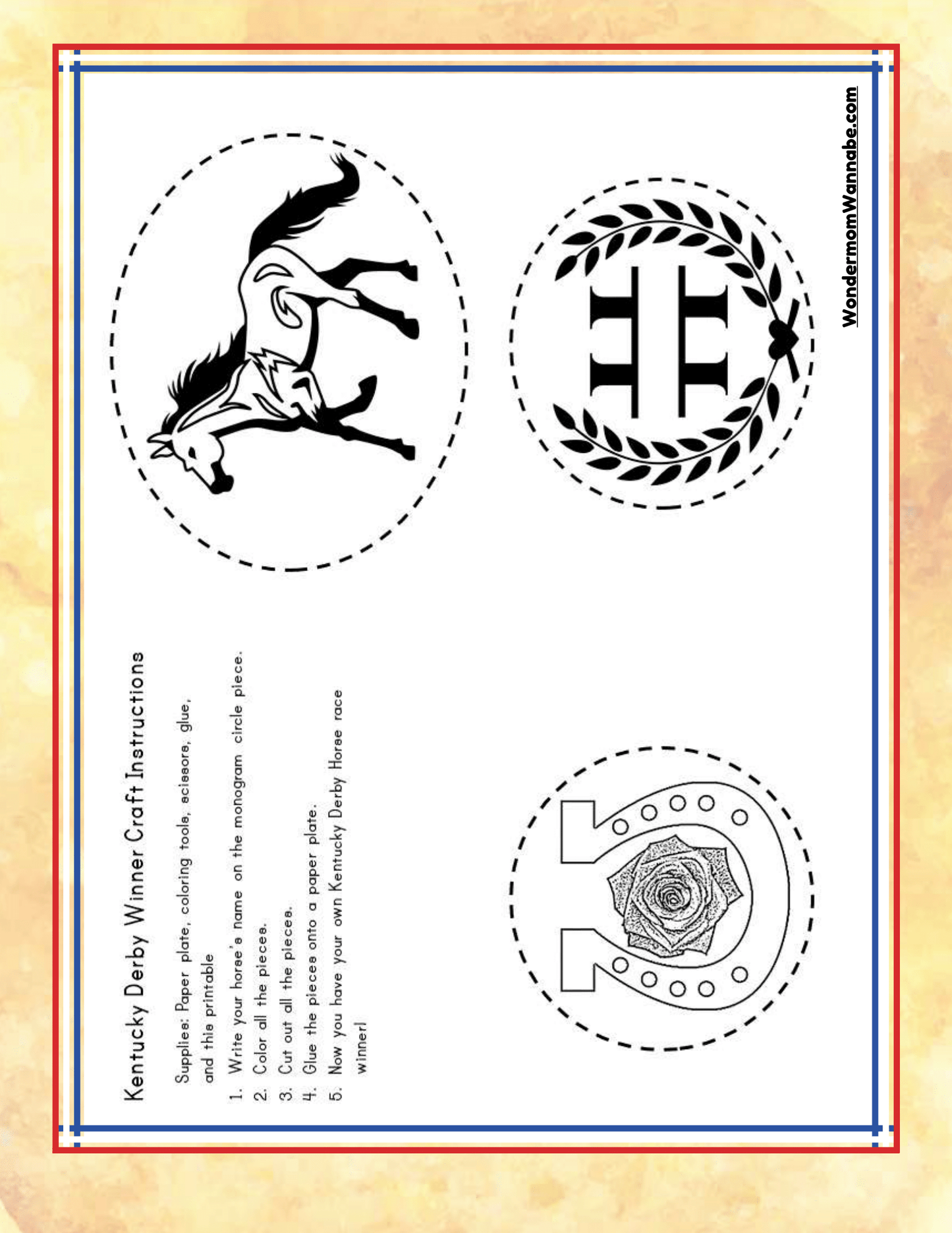 Introducing the Kentucky Travel Guide and Activity Kit for Kids by Wondermom Shop! One of the engaging activities included is a worksheet titled "Kentucky Derby Winner Craft," which provides clear instructions to color, cut, and assemble three pieces: a galloping horse, a horseshoe adorned with a rose, and a circular emblem featuring a horseshoe and laurel. This activity is perfect for delving into Kentucky state exploration while experiencing the thrilling excitement of the Derby.