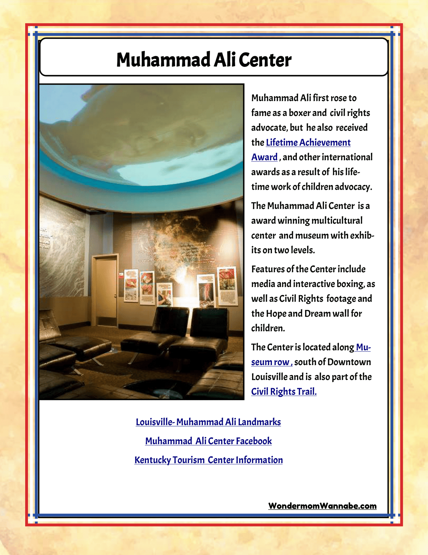 Discover the Muhammad Ali Center, a gem of Kentucky family attractions in Downtown Louisville. As part of the Civil Rights Trail, this center features exhibits and awards celebrating Ali's legacy. The **Kentucky Travel Guide and Activity Kit for Kids** from **Wondermom Shop** makes it an ideal addition to any Kentucky travel adventure, promising an inspiring visit for all ages.