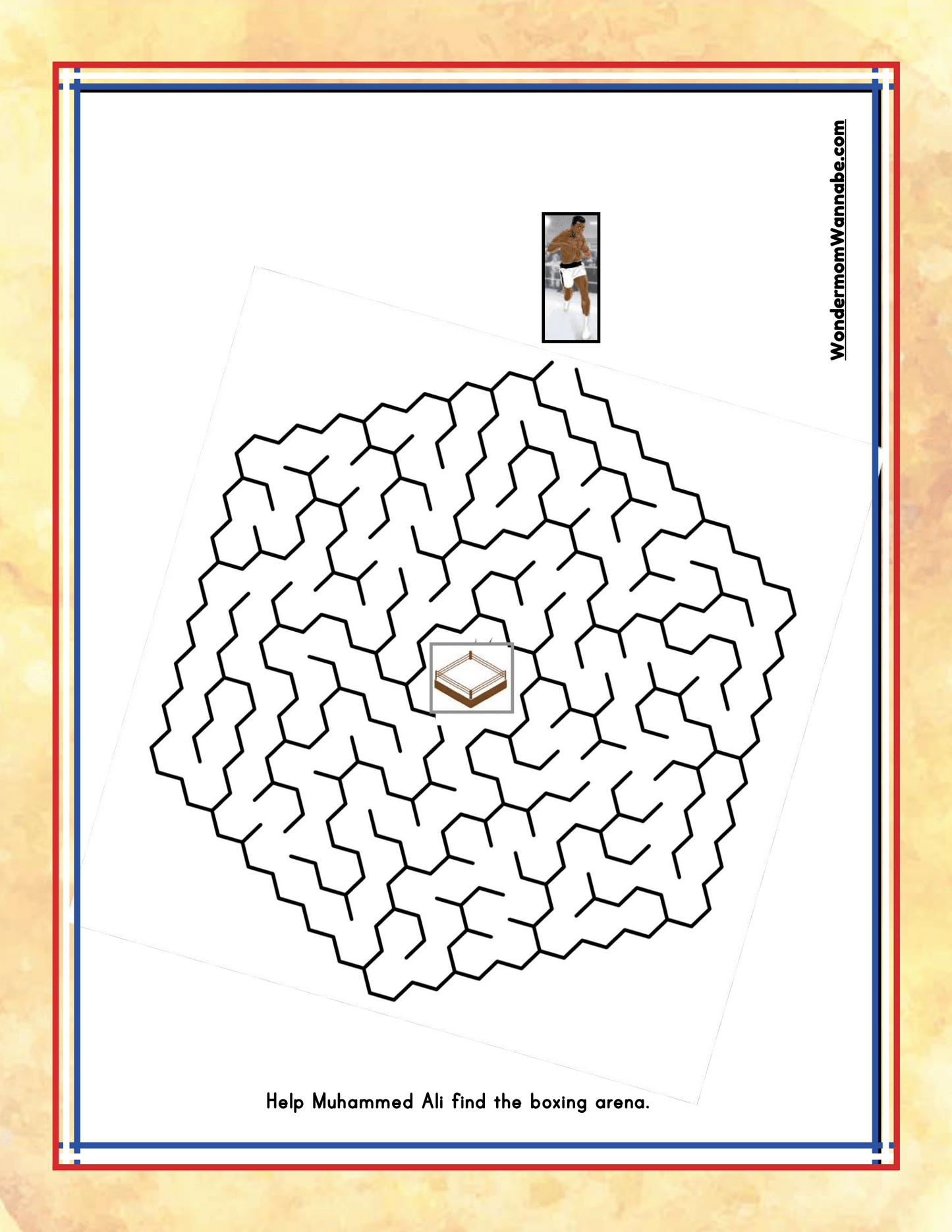 A maze puzzle from the Kentucky Travel Guide and Activity Kit for Kids by Wondermom Shop, featuring a path to help Muhammad Ali reach the boxing arena, with an image of Muhammad Ali at the top—perfect for those exploring Kentucky state activities.
