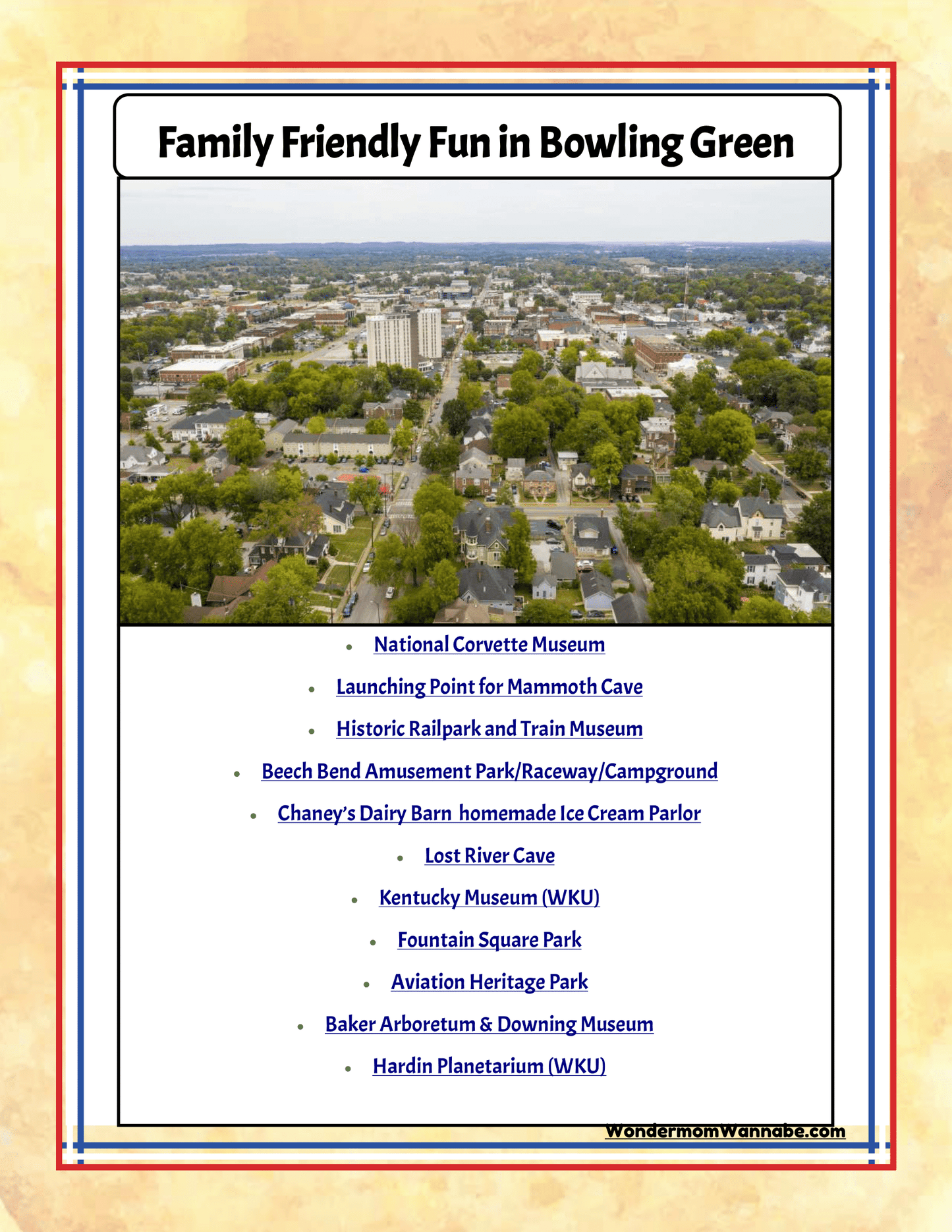 A flyer titled "Family Friendly Fun in Bowling Green," part of the Kentucky Travel Guide and Activity Kit for Kids by Wondermom Shop, lists Kentucky family attractions including the National Corvette Museum, Mammoth Cave, Beech Bend Amusement Park, and more, set over an aerial view of the city.