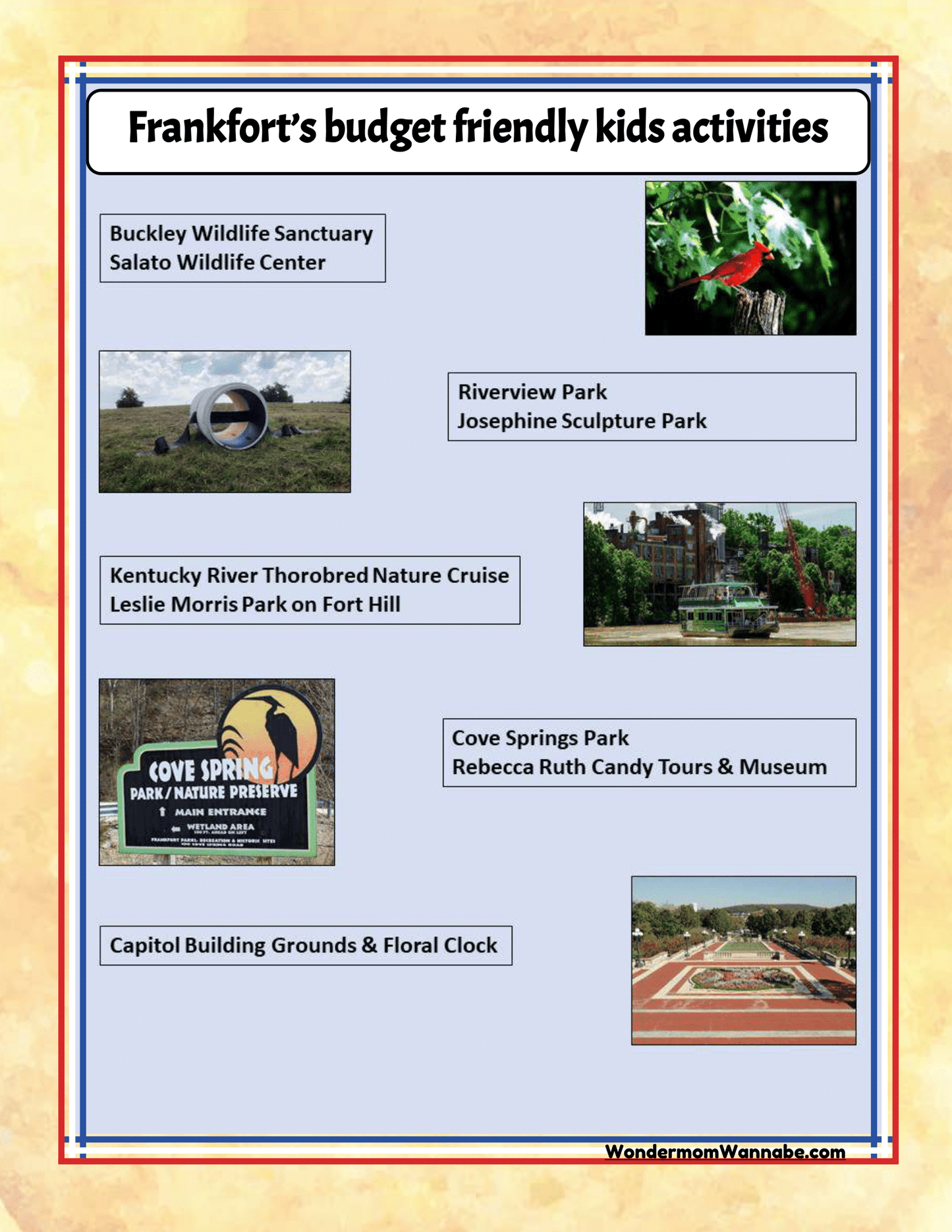 Flyer listing budget-friendly kids activities in Frankfort, including wildlife sanctuaries, parks, river cruises, candy tours, and historic landmarks. This Kentucky family attractions guide from Wondermom Shop's Kentucky Travel Guide and Activity Kit for Kids features text and images for each location.
