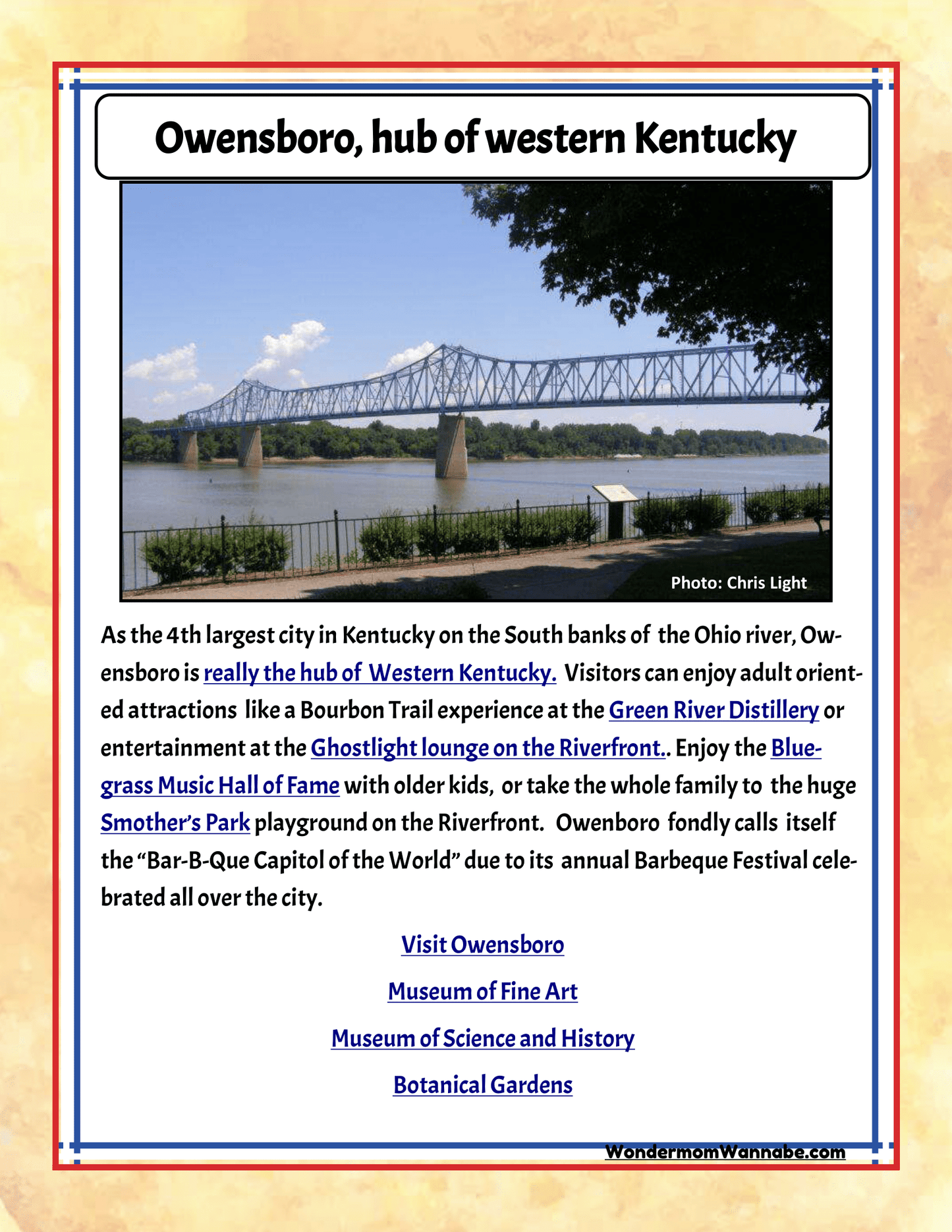 A flyer titled "Owensboro, hub of western Kentucky," promoting Owensboro with mentions of family attractions such as the Green River Distillery, Bluegrass Music Hall of Fame, and Smothers' Park is now available in the Kentucky Travel Guide and Activity Kit for Kids by Wondermom Shop.