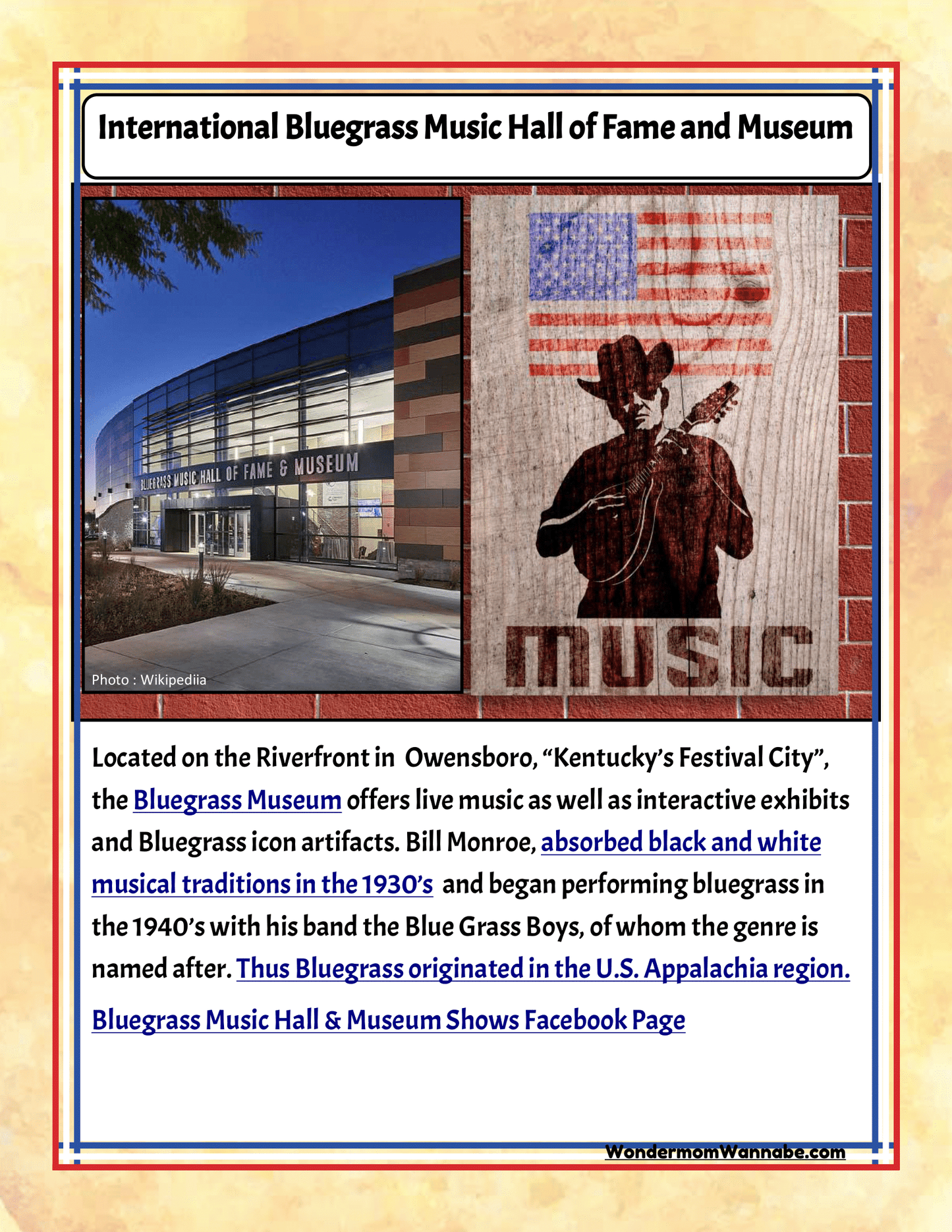 Explore the International Bluegrass Music Hall of Fame and Museum in Owensboro, Kentucky with your family! This essential stop in any Kentucky itinerary features live music, exhibits, and rich history of bluegrass music in the U.S. Appalachia region. Enhance your visit with the "Kentucky Travel Guide and Activity Kit for Kids" by Wondermom Shop, perfect for making your trip educational and fun for everyone.