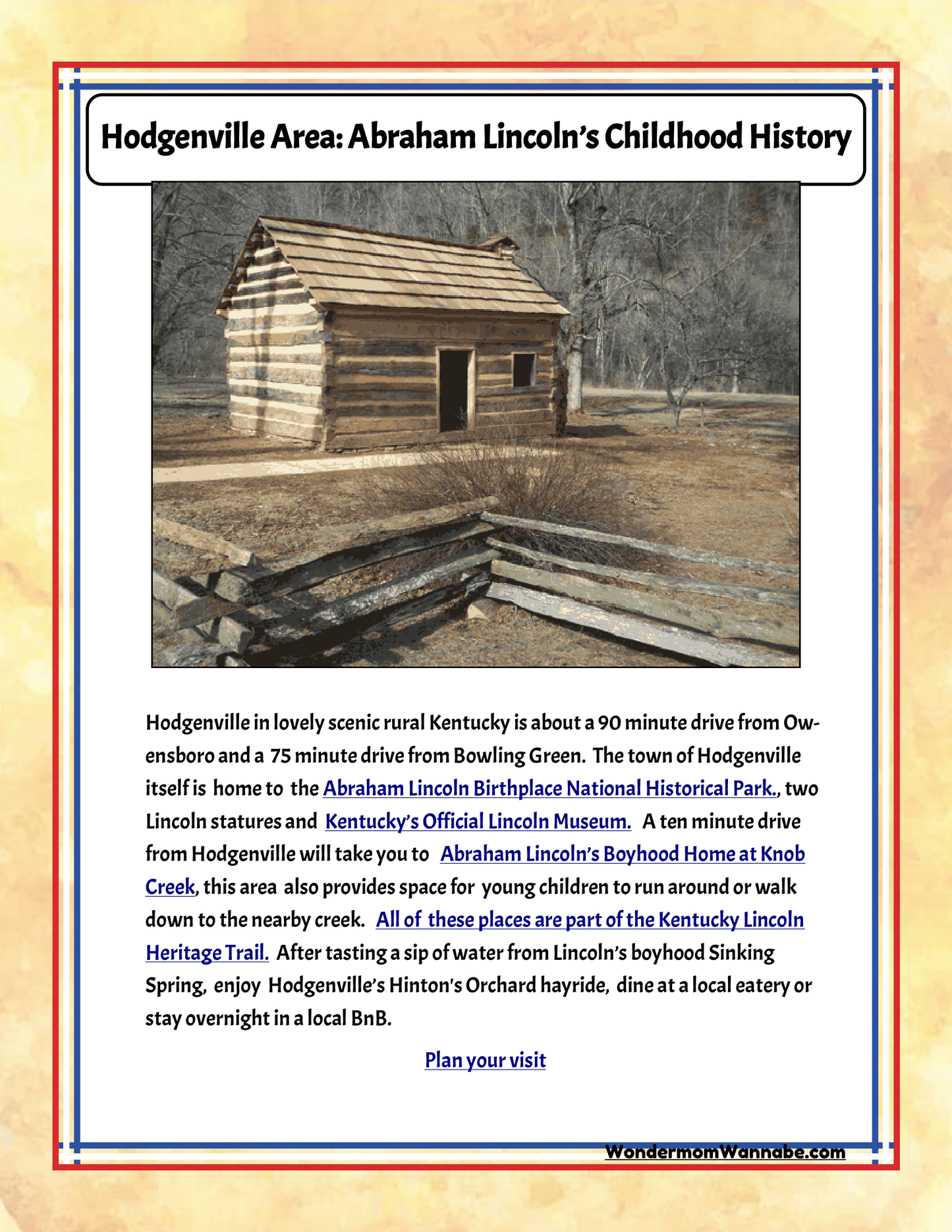 Image of an informative poster from Wondermom Shop's "Kentucky Travel Guide and Activity Kit for Kids," highlighting Hodgenville, Kentucky, with a focus on Abraham Lincoln's childhood history. Featuring a log cabin and notable points of interest such as Lincoln-related museums and historical sites, it's perfect for families seeking attractions in Kentucky as part of their travel plans.
