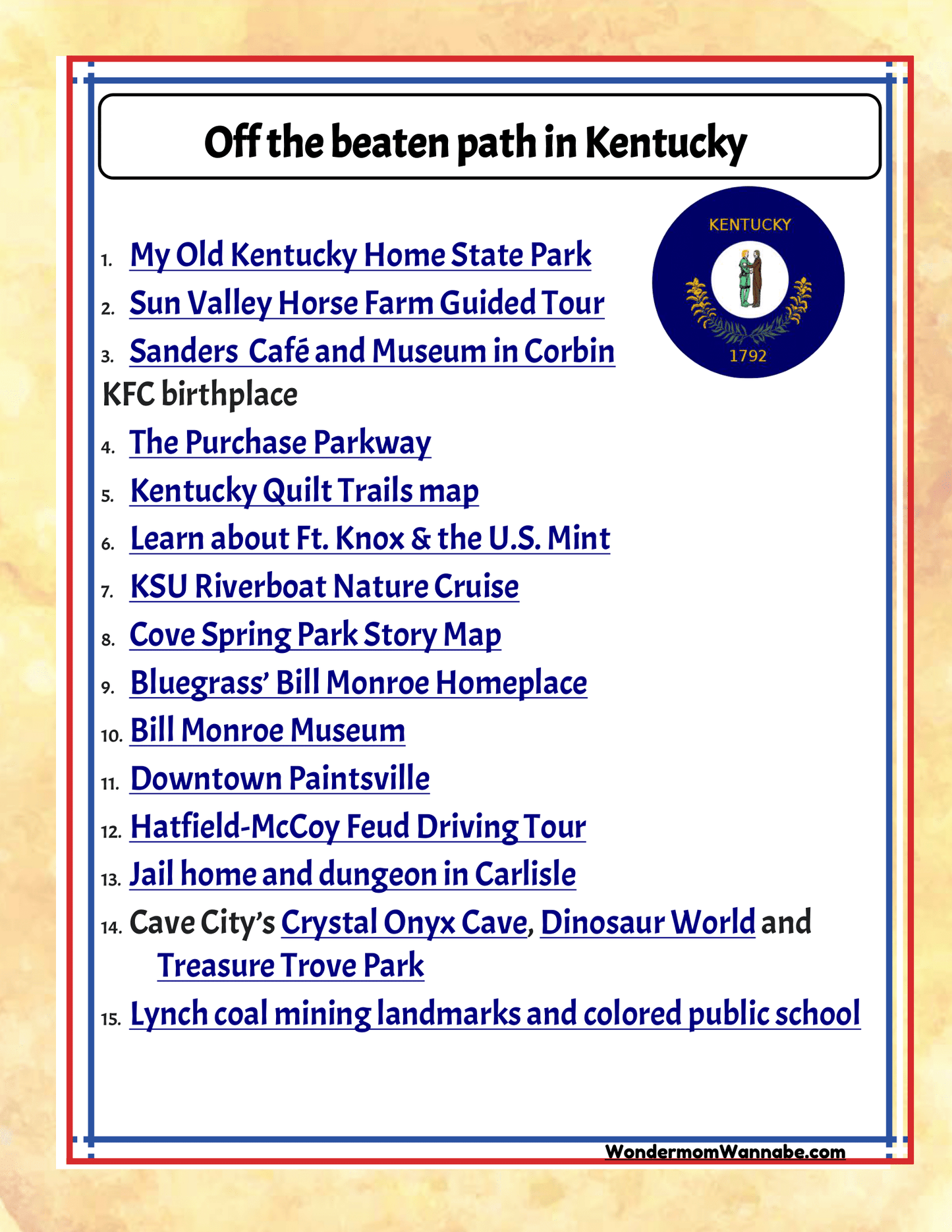 A product titled "Kentucky Travel Guide and Activity Kit for Kids" by Wondermom Shop features a list called "Off the Beaten Path in Kentucky" with 15 family-friendly attractions, such as parks, museums, tours, and historic sites. The list is printed on a white background with decorative details—perfect for your Kentucky travel guide!