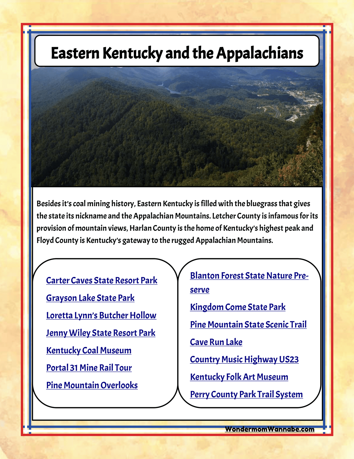 A flyer titled "Eastern Kentucky and the Appalachians" serves as a comprehensive travel guide from Wondermom Shop, featuring the "Kentucky Travel Guide and Activity Kit for Kids." It lists various parks, sites, and trails in the region, including Carter Caves State Resort Park and Pine Mountain Scenic Trail. The background showcases a breathtaking mountainous landscape perfect for family attractions in Kentucky.
