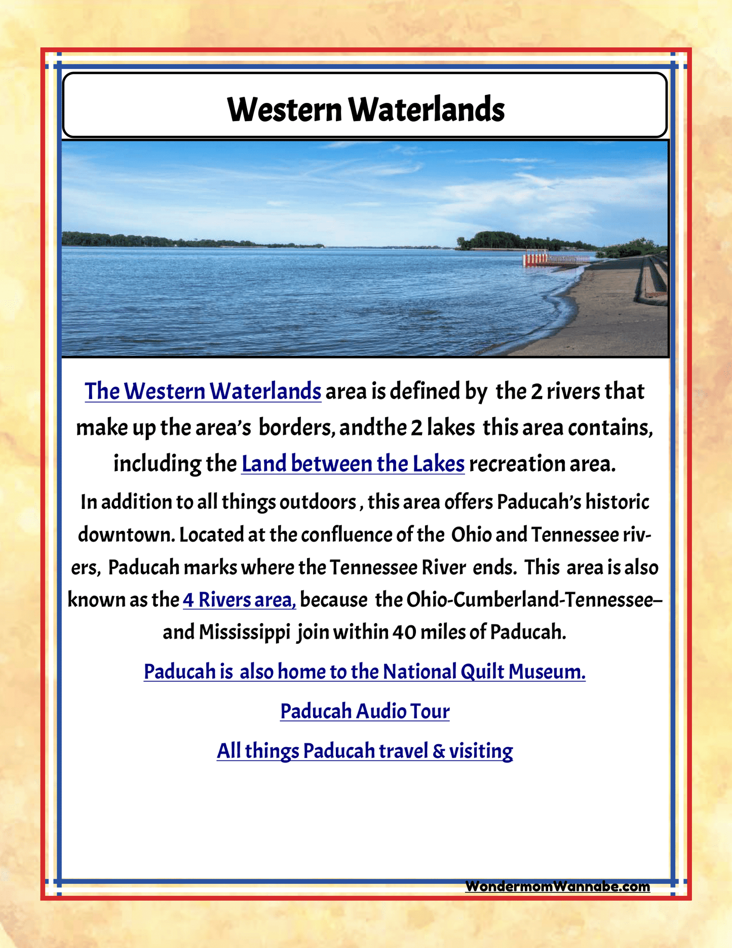 Explore the Western Waterlands with the "Kentucky Travel Guide and Activity Kit for Kids" from Wondermom Shop! This informational poster features rivers, historic downtown areas, audio tours, and nearby attractions such as the National Quilt Museum and Paducah. A must-have for your travel guide to Kentucky, it’s packed with state activities and family attractions suitable for all ages.