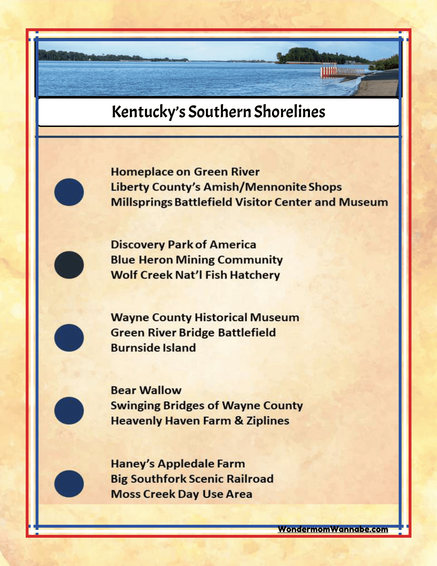 A brochure from Wondermom Shop, titled "Kentucky Travel Guide and Activity Kit for Kids," features a stunning photo of a lake and an extensive list of Kentucky family attractions including historical museums, farms, parks, and scenic routes in Kentucky.