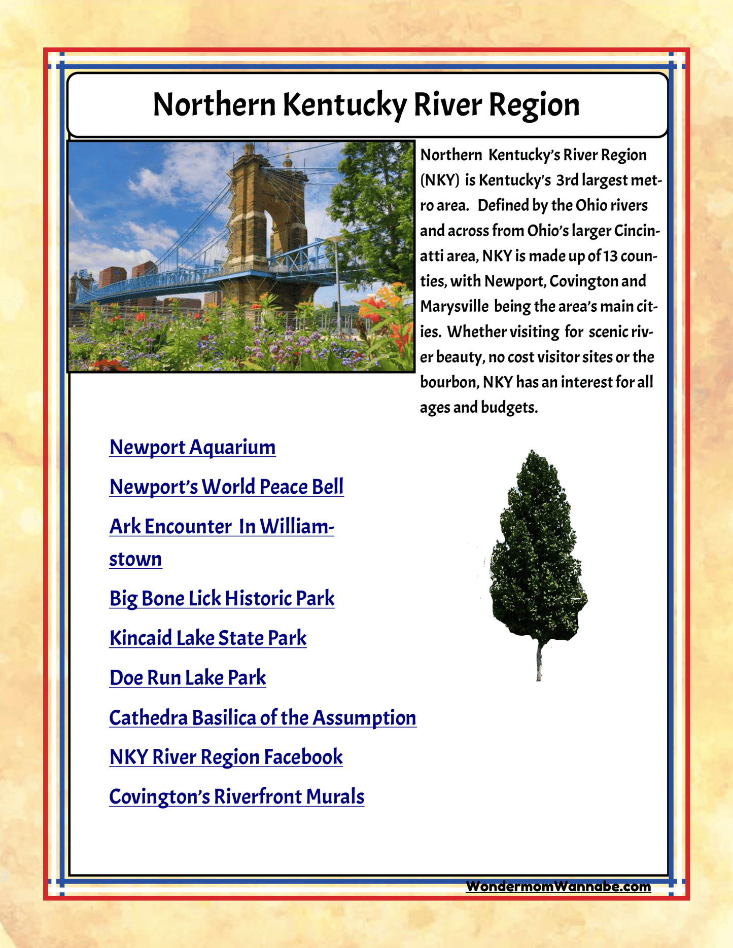 Discover the Northern Kentucky River Region with the **Kentucky Travel Guide and Activity Kit for Kids** from **Wondermom Shop**. This travel guide showcases family attractions like the Newport Aquarium, Newport’s World Peace Bell, and the stunning Cathedral Basilica of the Assumption, all set against the backdrop of a picturesque river bridge.