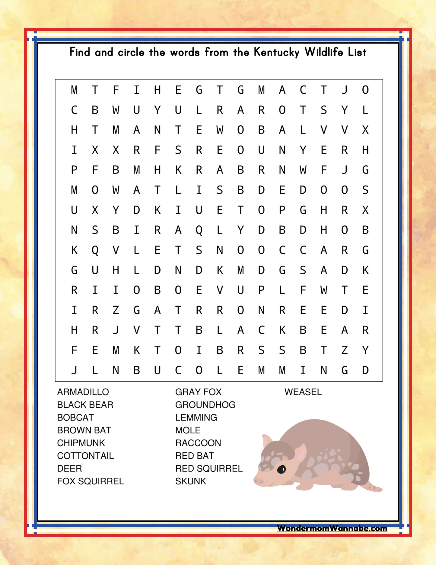 In the Kentucky Travel Guide and Activity Kit for Kids by Wondermom Shop, you'll find a word search puzzle titled "Find and circle the words from the Kentucky Wildlife List," featuring various animals like Armadillo, Black Bear, and Weasel. An illustration of a rodent at the bottom makes it perfect for families exploring Kentucky attractions.
