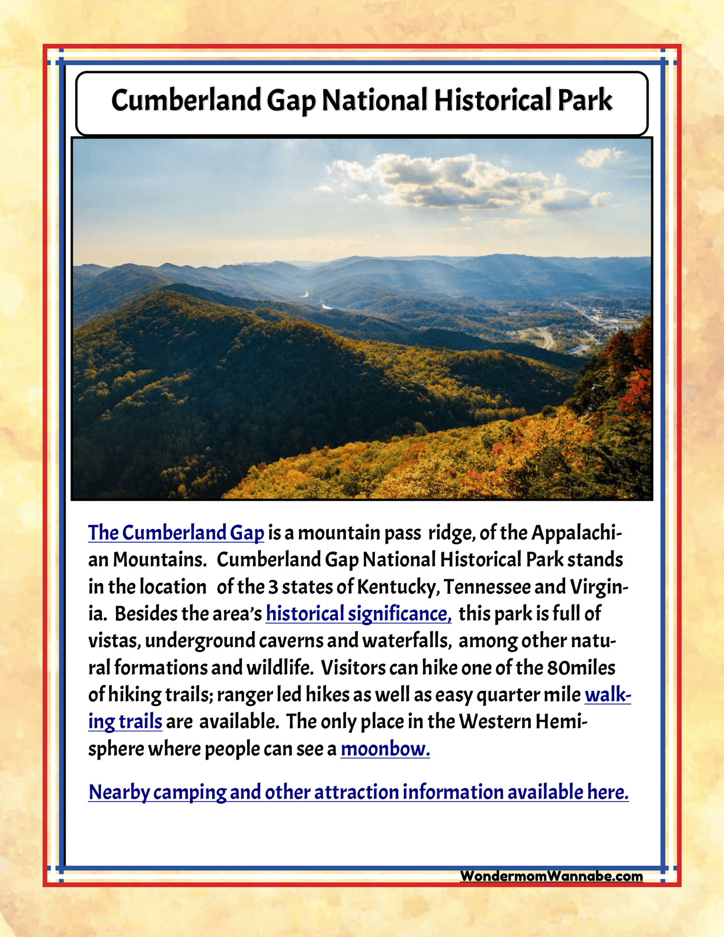 Explore Cumberland Gap National Historical Park, a gem featured in any Kentucky travel guide, including the comprehensive "Kentucky Travel Guide and Activity Kit for Kids" by Wondermom Shop. Discover its geographical significance through trails leading to breathtaking vistas, caverns, and waterfalls – perfect for your next family adventure in Kentucky.