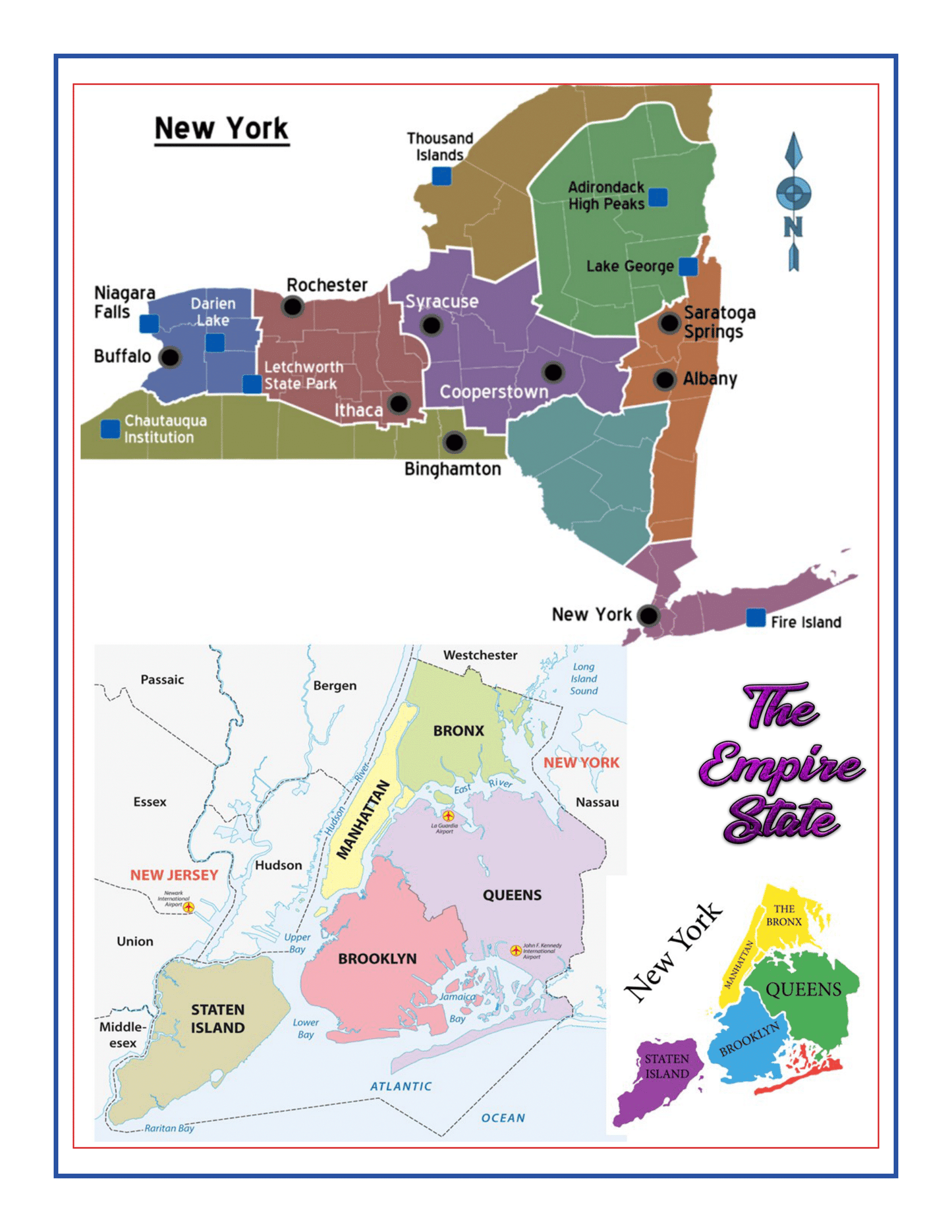 A map of New York highlighting major cities, landmarks, and neighboring regions is featured in the New York City Travel Guide and Activity Kit for Kids by Wondermom Shop. Insets show detailed maps of New York City boroughs and Manhattan points of interest. A title reads "The Empire State".