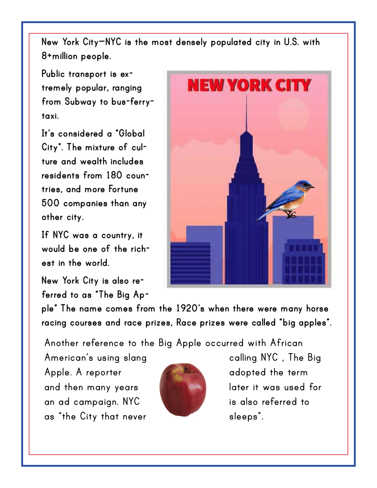 Poster about New York City featuring facts about its population, cultural significance, and nickname "The Big Apple." Includes an image of the city's skyline, a bird, and an apple. Discover more in our Wondermom Shop's New York City Travel Guide and Activity Kit for Kids for Manhattan Points of Interest and NYC Family Friendly Destinations.