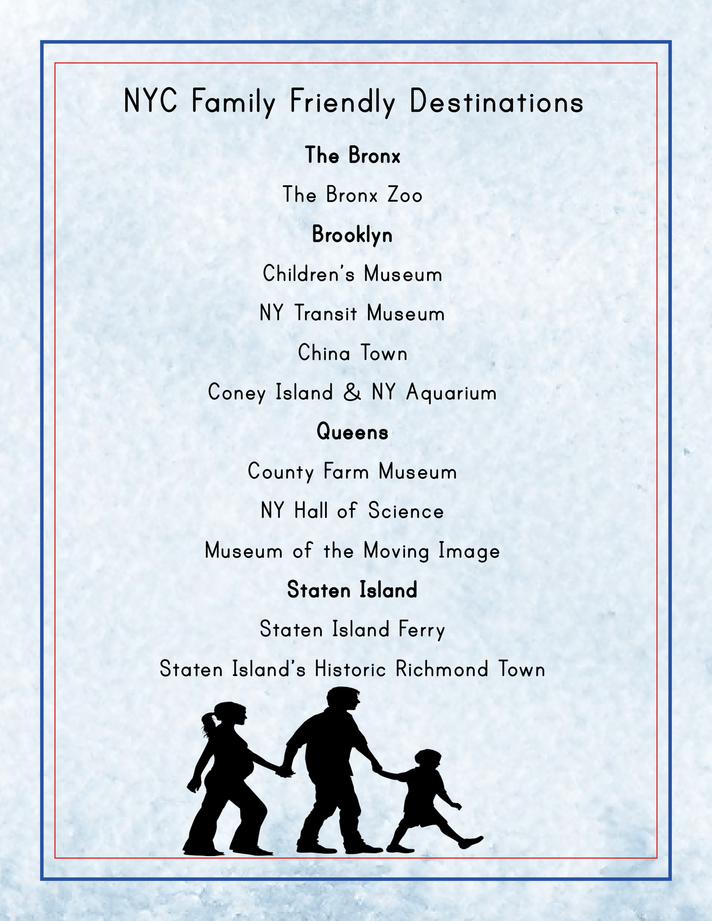 Explore family-friendly destinations across NYC, from The Bronx to Brooklyn, Queens, and Staten Island, while highlighting iconic Manhattan points of interest with the New York City Travel Guide and Activity Kit for Kids by Wondermom Shop. A silhouette of a family at the bottom completes this comprehensive guide.