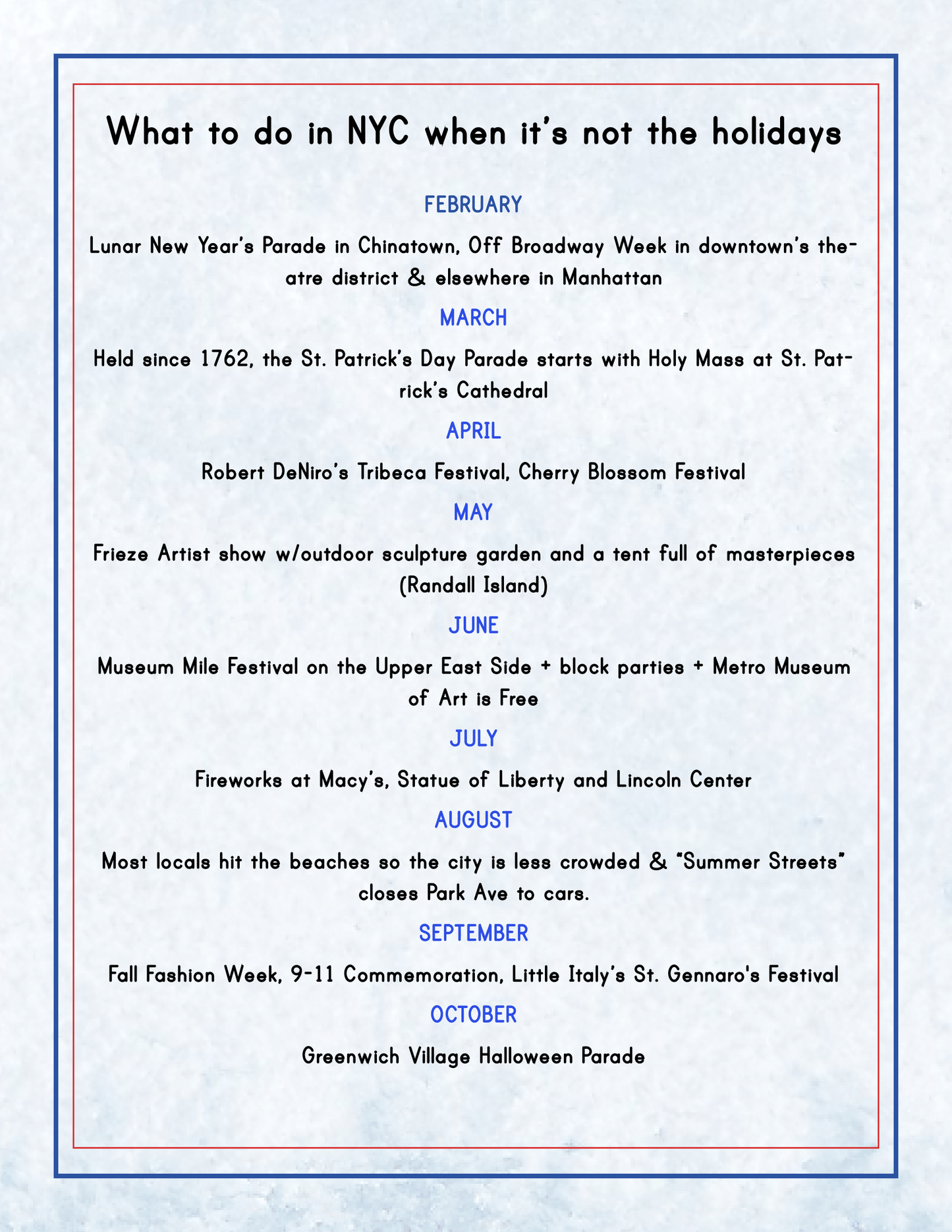 A monthly itinerary of events in NYC from February to October, featuring family-friendly attractions such as parades, festivals, silent discos, museum miles, fashion week, summer streets, Metro Museum art tours, and Macy’s fireworks. Ideal for the New York City Travel Guide and Activity Kit for Kids by Wondermom Shop.