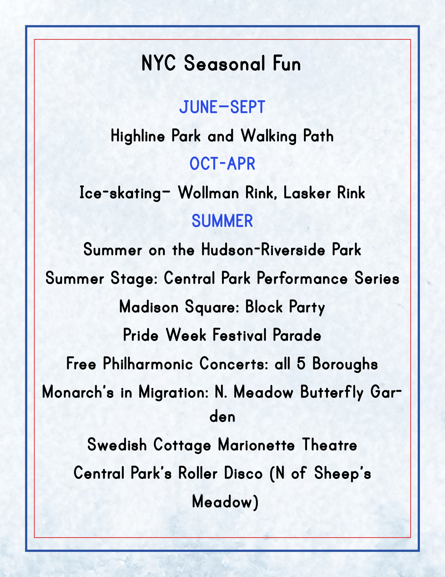 The "New York City Travel Guide and Activity Kit for Kids" from Wondermom Shop, titled "NYC Seasonal Fun," serves as your ultimate guide to New York City's activities, events, and Manhattan points of interest throughout the different seasons. It highlights attractions such as Highline Park, ice-skating rinks, free concerts, and more—making it the perfect resource for NYC family-friendly destinations.