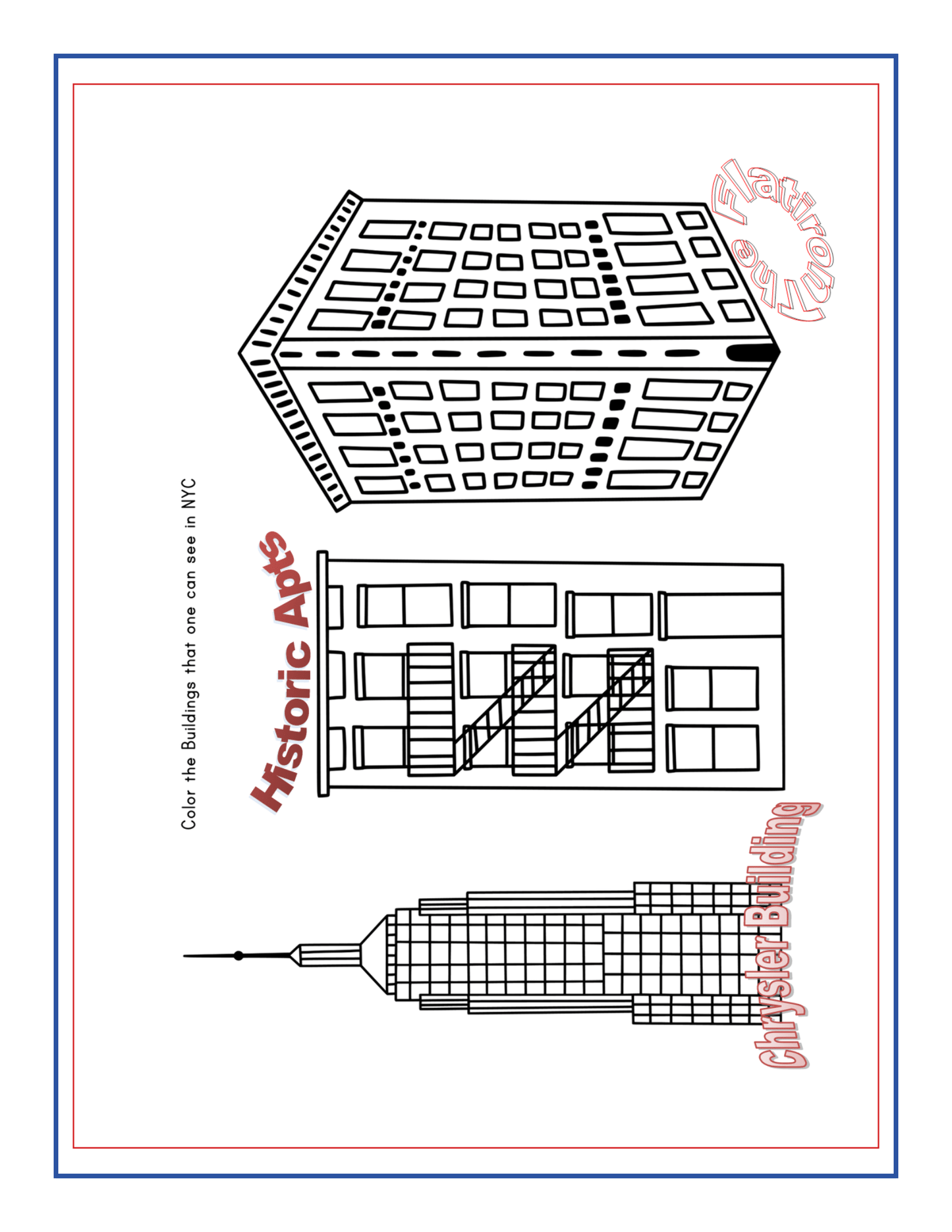 The New York City Travel Guide and Activity Kit for Kids by Wondermom Shop includes a black-and-white coloring sheet that features three historic Manhattan points of interest: the Flatiron Building, an apartment building with a fire escape, and the Empire State Building. It's perfect for your New York City travel guide or for discovering NYC family-friendly destinations.