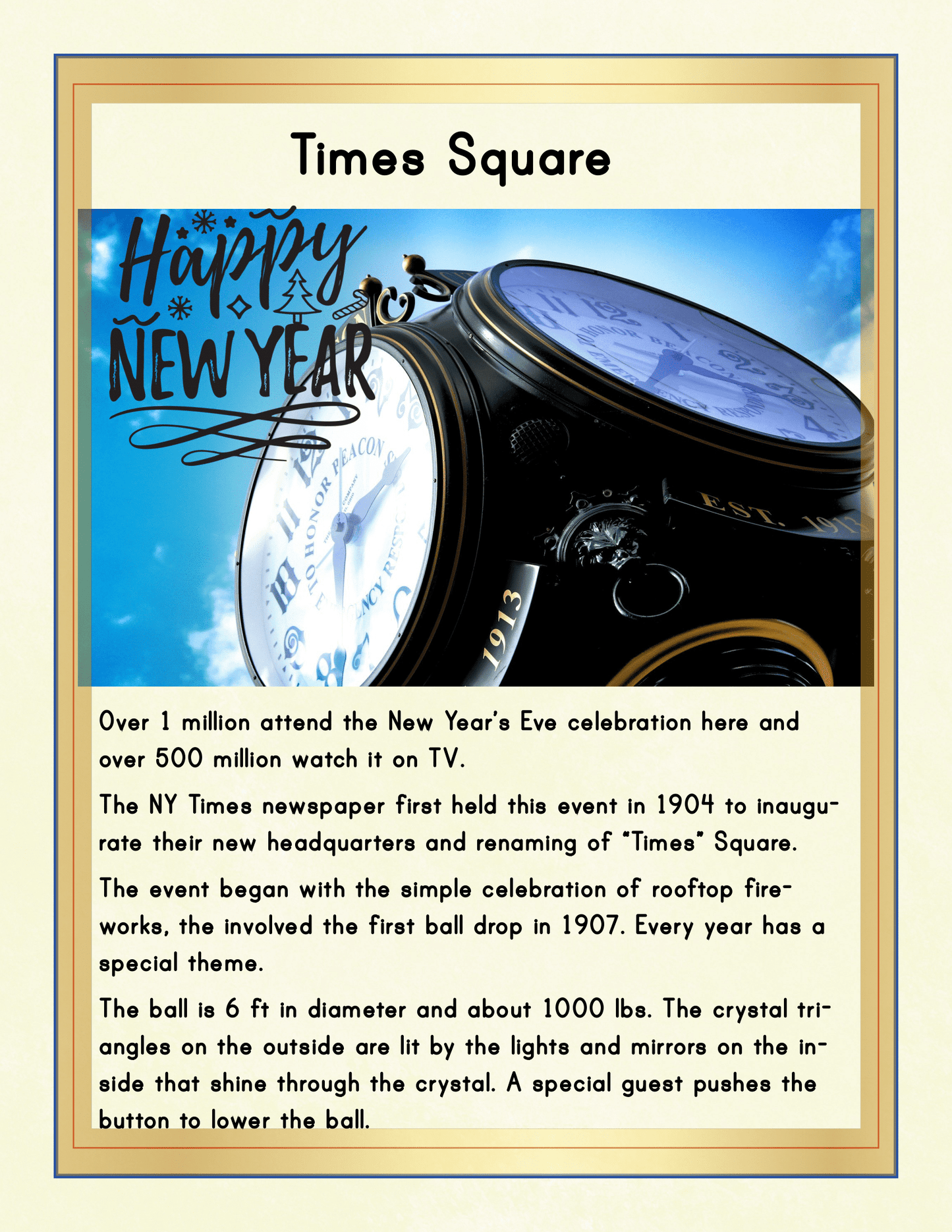 An informational poster about the New Year's Eve celebration at Times Square, featuring an image of the New Year's ball and details about the history and tradition of this iconic Manhattan point of interest. Perfect for anyone browsing the "New York City Travel Guide and Activity Kit for Kids" by Wondermom Shop in their search for family-friendly destinations in NYC.