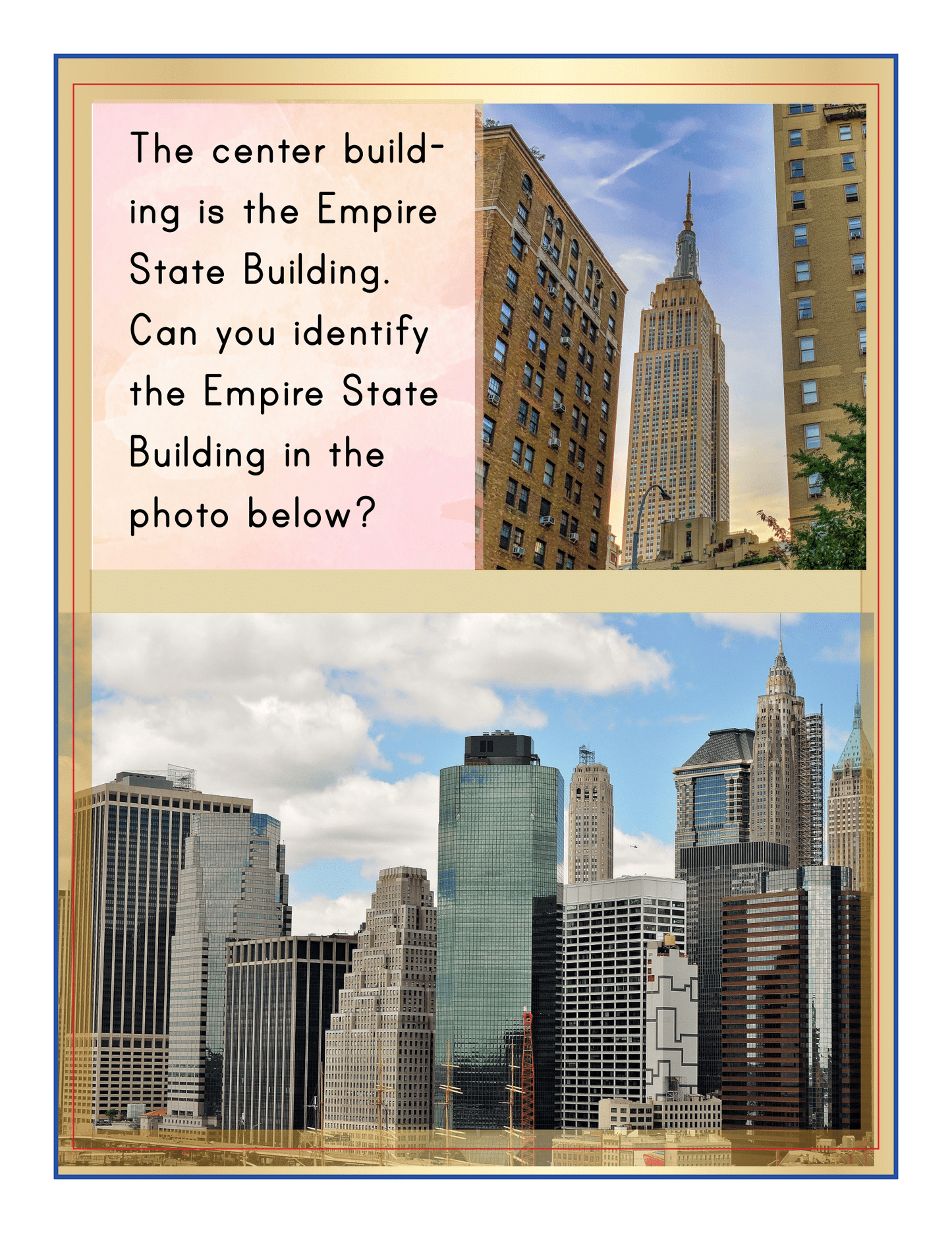 Two photos of cityscapes. The top image highlights the Empire State Building amongst other buildings. The bottom image shows a skyline with various skyscrapers, including the Empire State Building, making it perfect for Wondermom Shop's New York City Travel Guide and Activity Kit for Kids showcasing Manhattan Points of Interest.