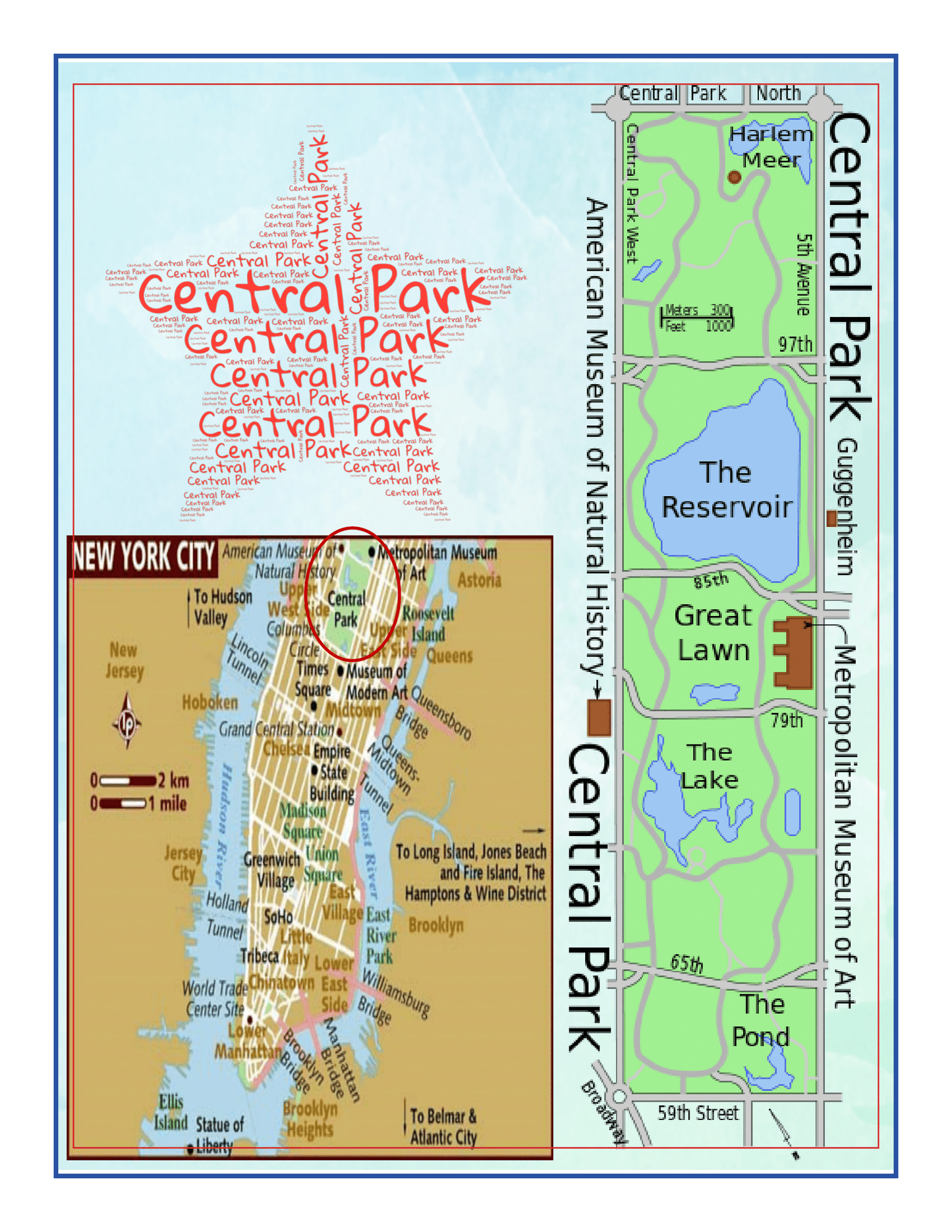 Introducing the "New York City Travel Guide and Activity Kit for Kids" from Wondermom Shop: A detailed map of Central Park, NYC, complete with labels for nearby attractions like the American Museum of Natural History and the Metropolitan Museum of Art. It also includes a blown-up inset showing Central Park's location within Manhattan and highlighting popular points of interest, making it a comprehensive guide for exploring New York City with kids.