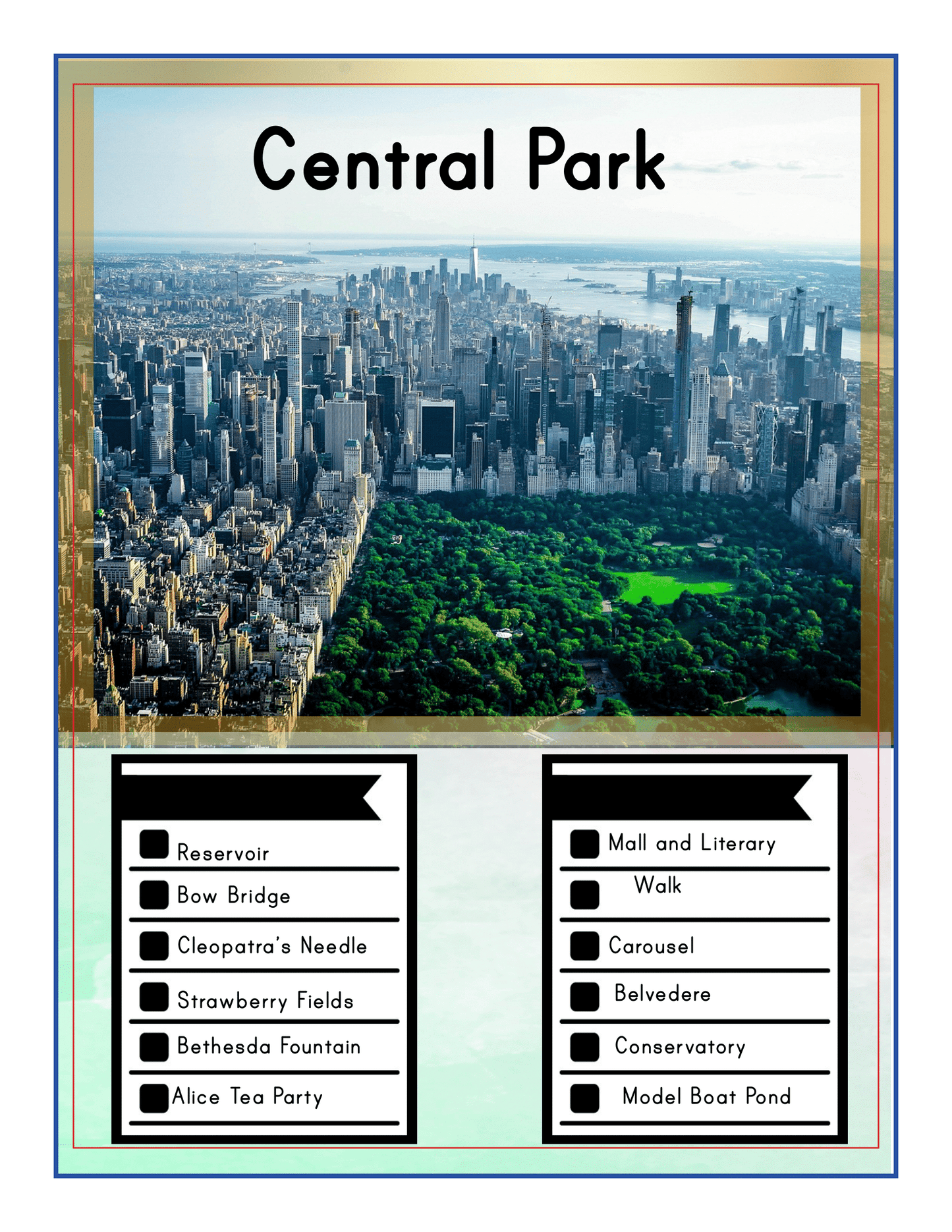 Check out the aerial view of Central Park, complete with a checklist of attractions such as the Reservoir, Bow Bridge, Cleopatra's Needle, Strawberry Fields, Bethesda Fountain, Alice Tea Party, and more below the photo! This snapshot is perfect for showcasing popular NYC Family Friendly Destinations or those exploring Manhattan Points of Interest. Enhance your adventure with the New York City Travel Guide and Activity Kit for Kids by Wondermom Shop!