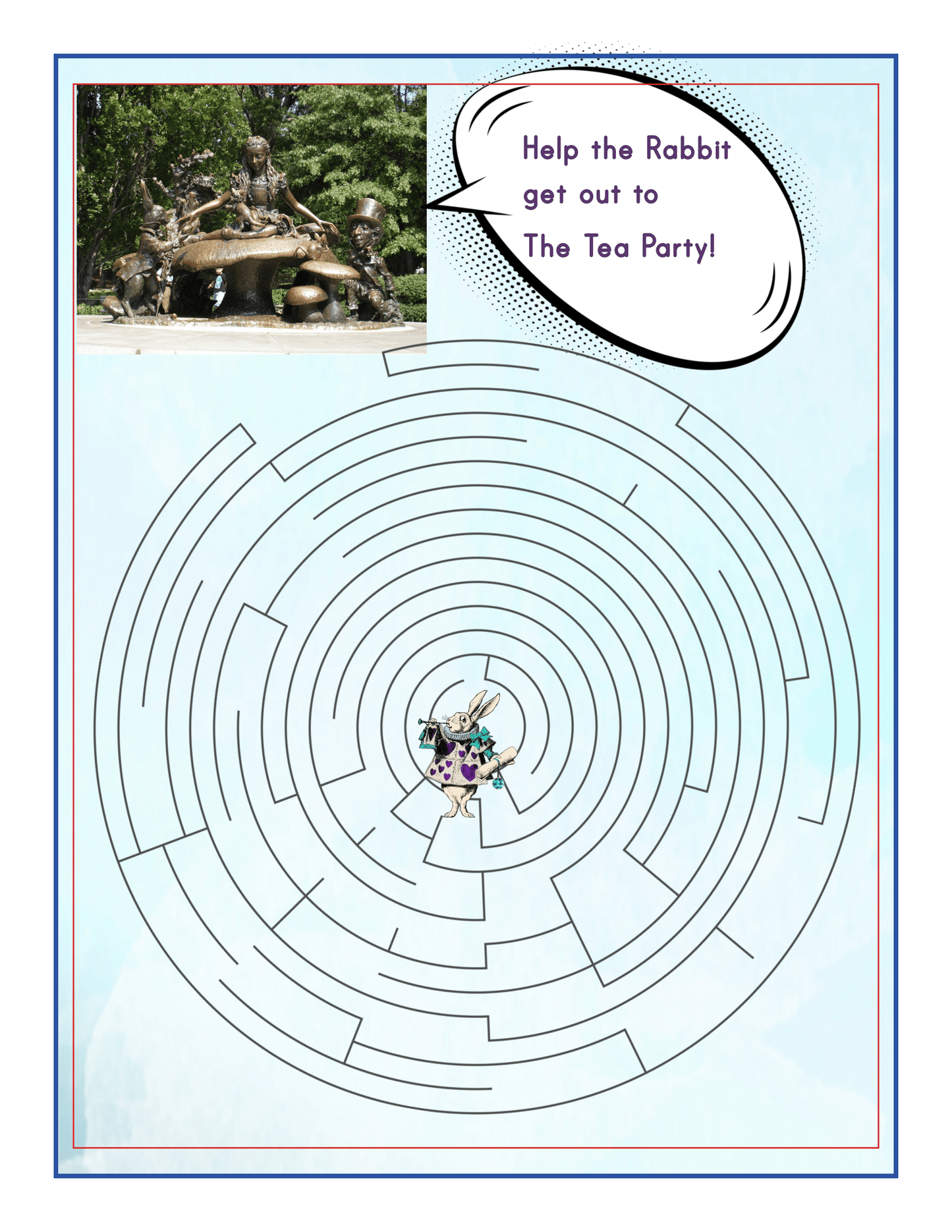 A maze puzzle with an illustration of a rabbit carrying a teapot in the center. The rabbit needs to navigate the maze to reach a group of bronze statues depicted in the top left corner, mirroring the adventure found in the New York City Travel Guide and Activity Kit for Kids by Wondermom Shop.