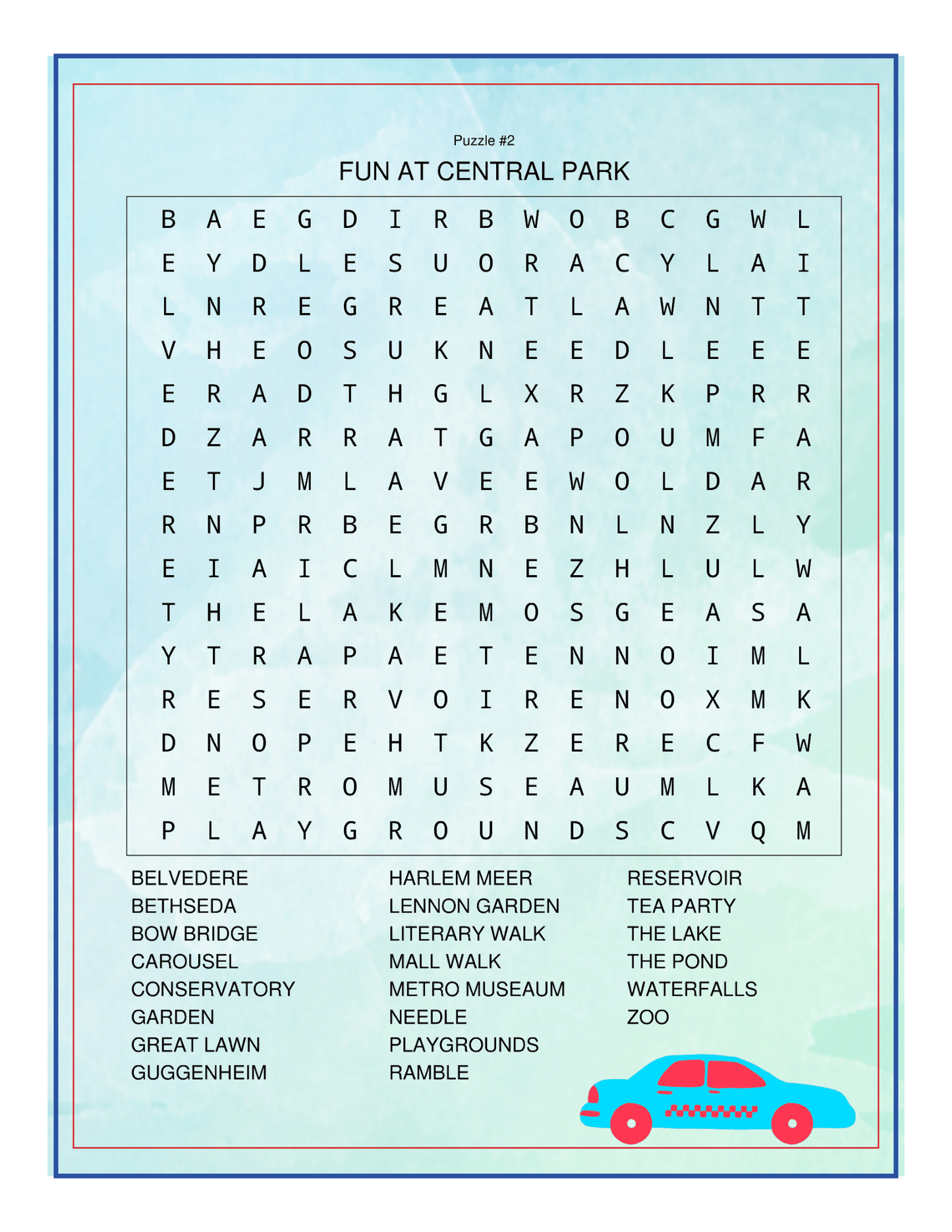 The "New York City Travel Guide and Activity Kit for Kids" by Wondermom Shop includes a word search puzzle titled "Fun at Central Park," featuring words like "BETHESDA," "CAROUSEL," and "ZOO" at the bottom. The background showcases a blue gradient design with a small car illustration, making it a perfect addition to any NYC Family Friendly Destinations itinerary!