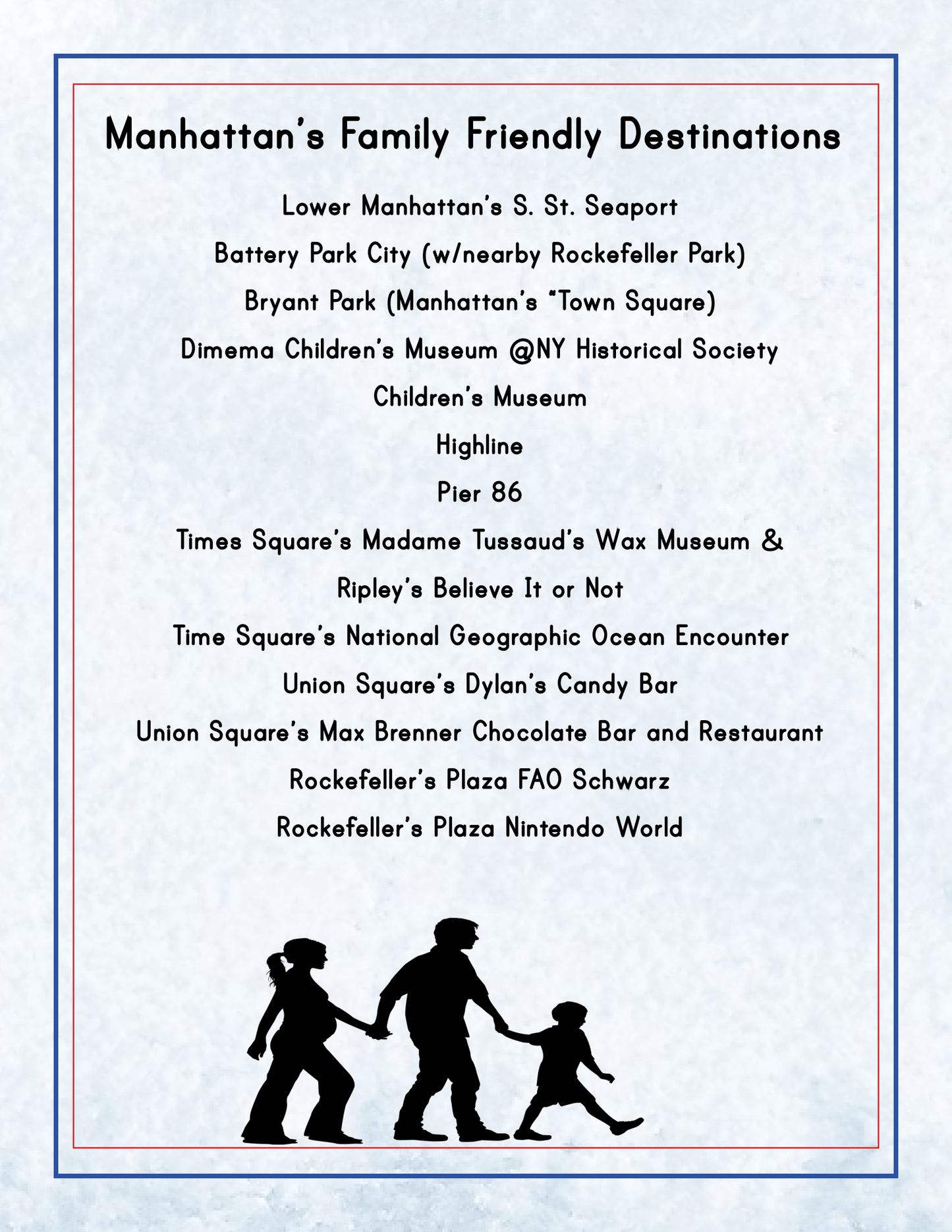 A flyer titled "Manhattan's Family Friendly Destinations" features a curated list of Manhattan Points of Interest like parks, museums, and entertainment spots. At the bottom, there is a silhouette of a family holding hands. For more engaging activities and information, explore the New York City Travel Guide and Activity Kit for Kids by Wondermom Shop.