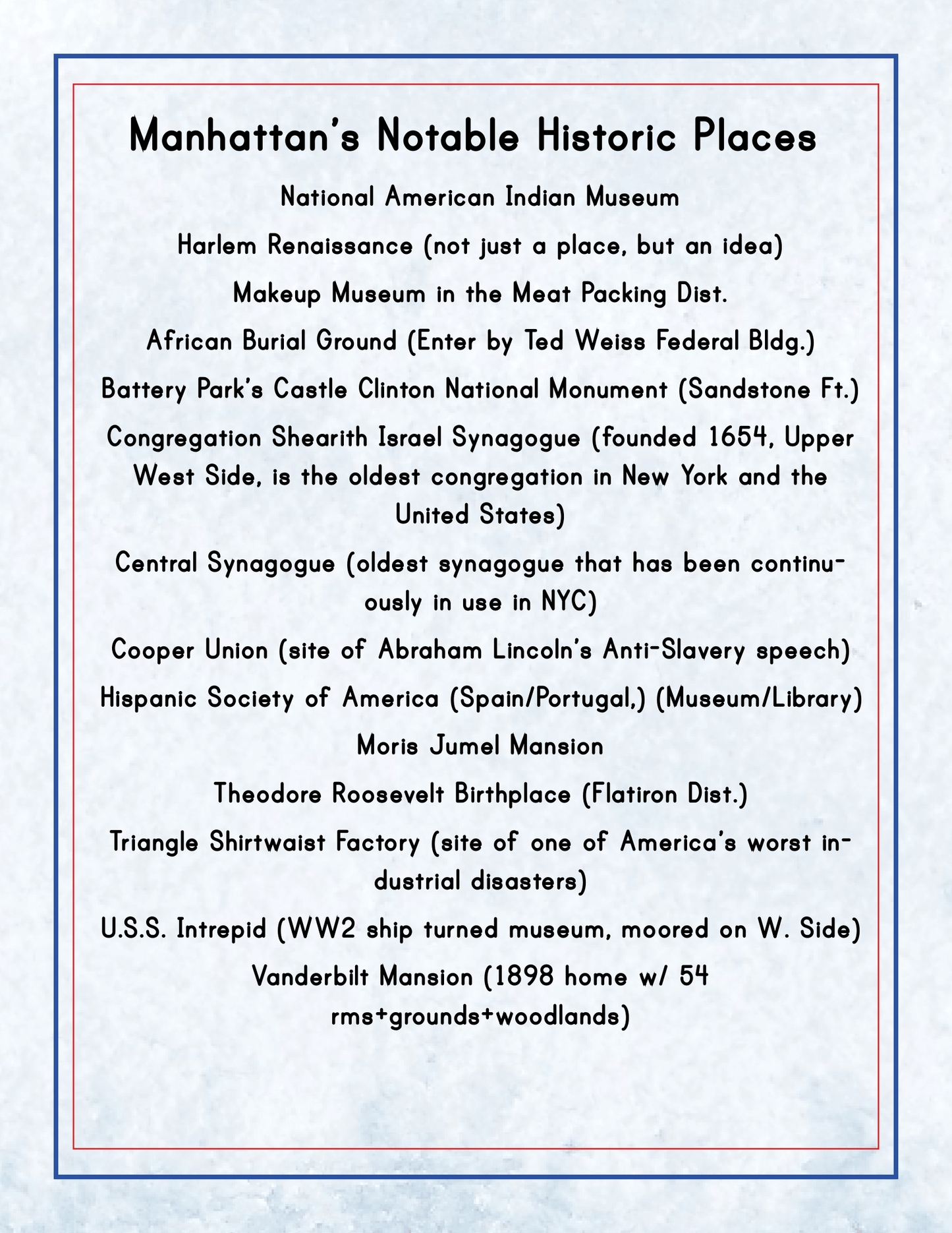 A sign in the New York City Travel Guide and Activity Kit for Kids by Wondermom Shop lists Manhattan's notable historic places, including museums, synagogues, a battleship, a historic mansion, a factory, parks, and burial grounds—ideal for exploring NYC Family Friendly Destinations.