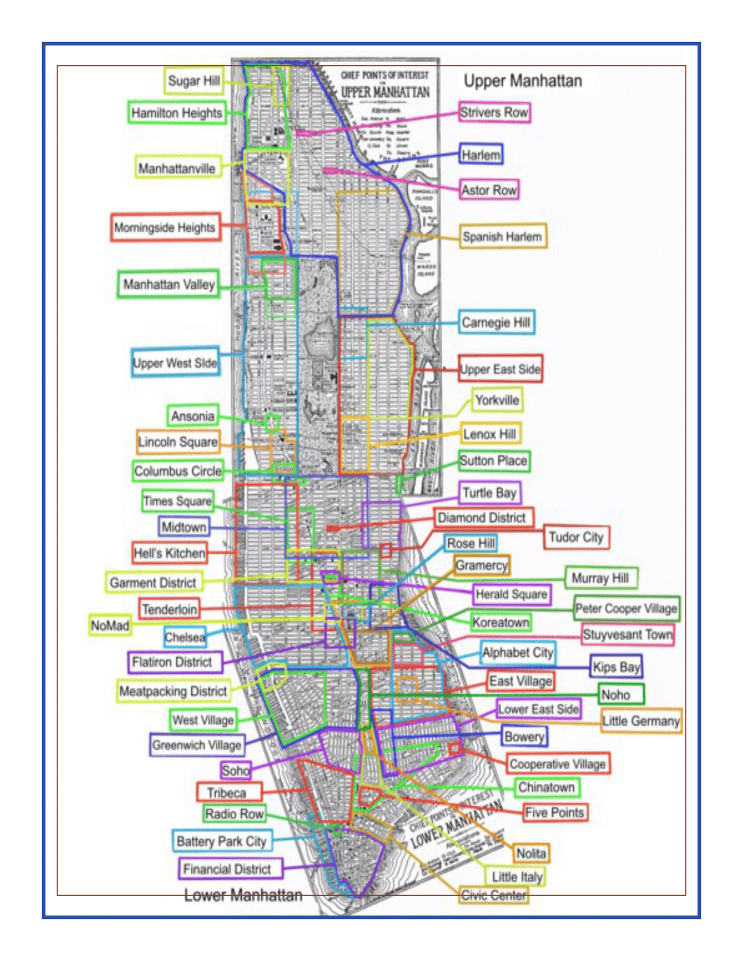 Explore the vibrant tapestry of NYC Family Friendly Destinations with the New York City Travel Guide and Activity Kit for Kids from Wondermom Shop. This detailed map of Manhattan features neighborhoods like Harlem, Upper West Side, Midtown, East Village, and Lower East Side highlighted in different colors.